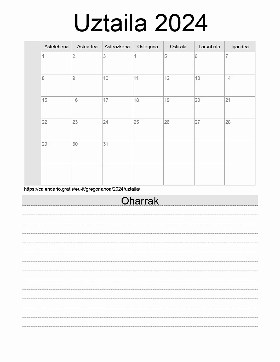Inprimatzeko Uztaila 2024 egutegia, oharrekin. (Italia) Inprimatzeko Uztaila 2024 egutegia, oharrekin. (Italia)