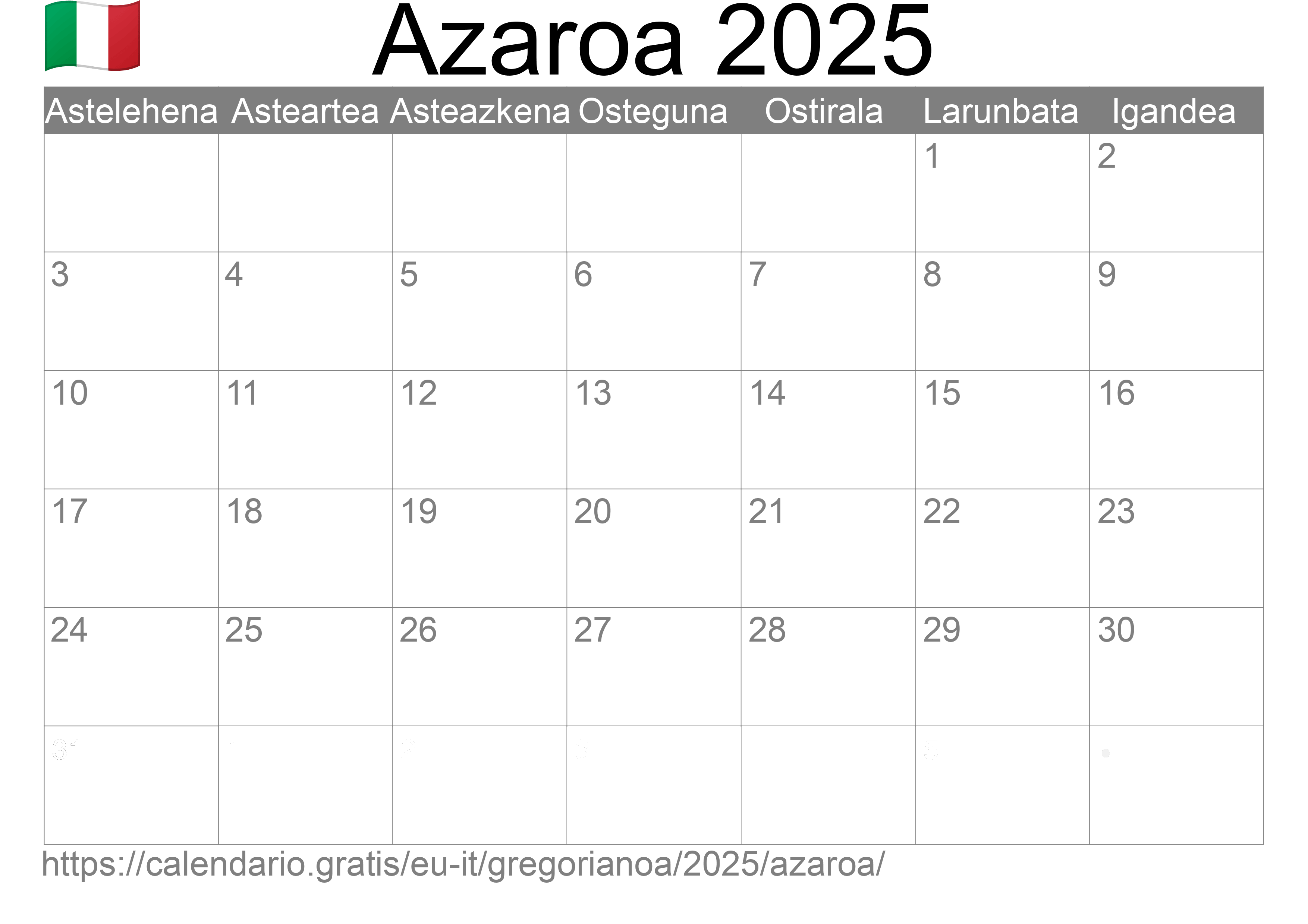 2025ko Azaroa egutegia inprimatzeko