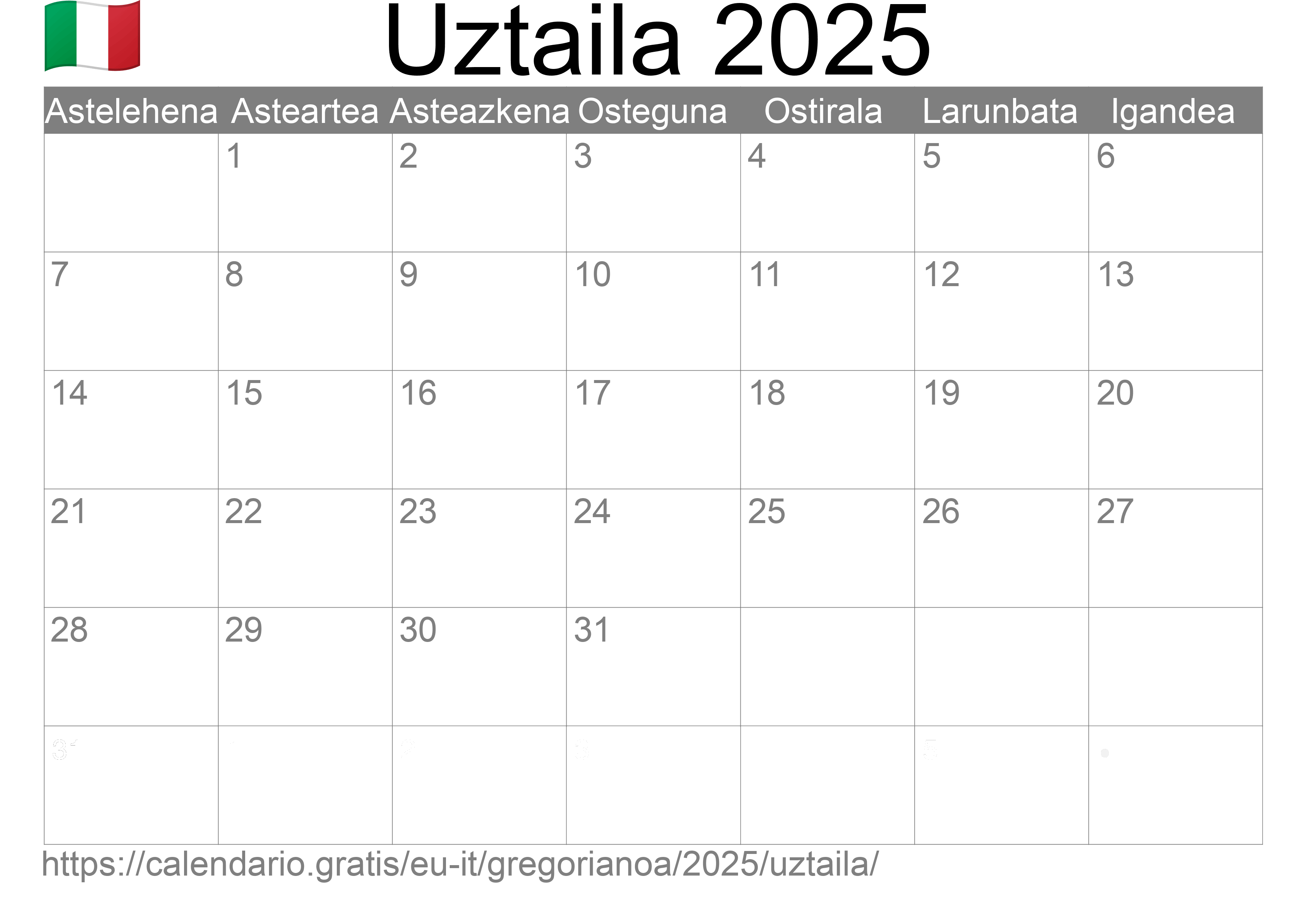 2025ko Uztaila egutegia inprimatzeko