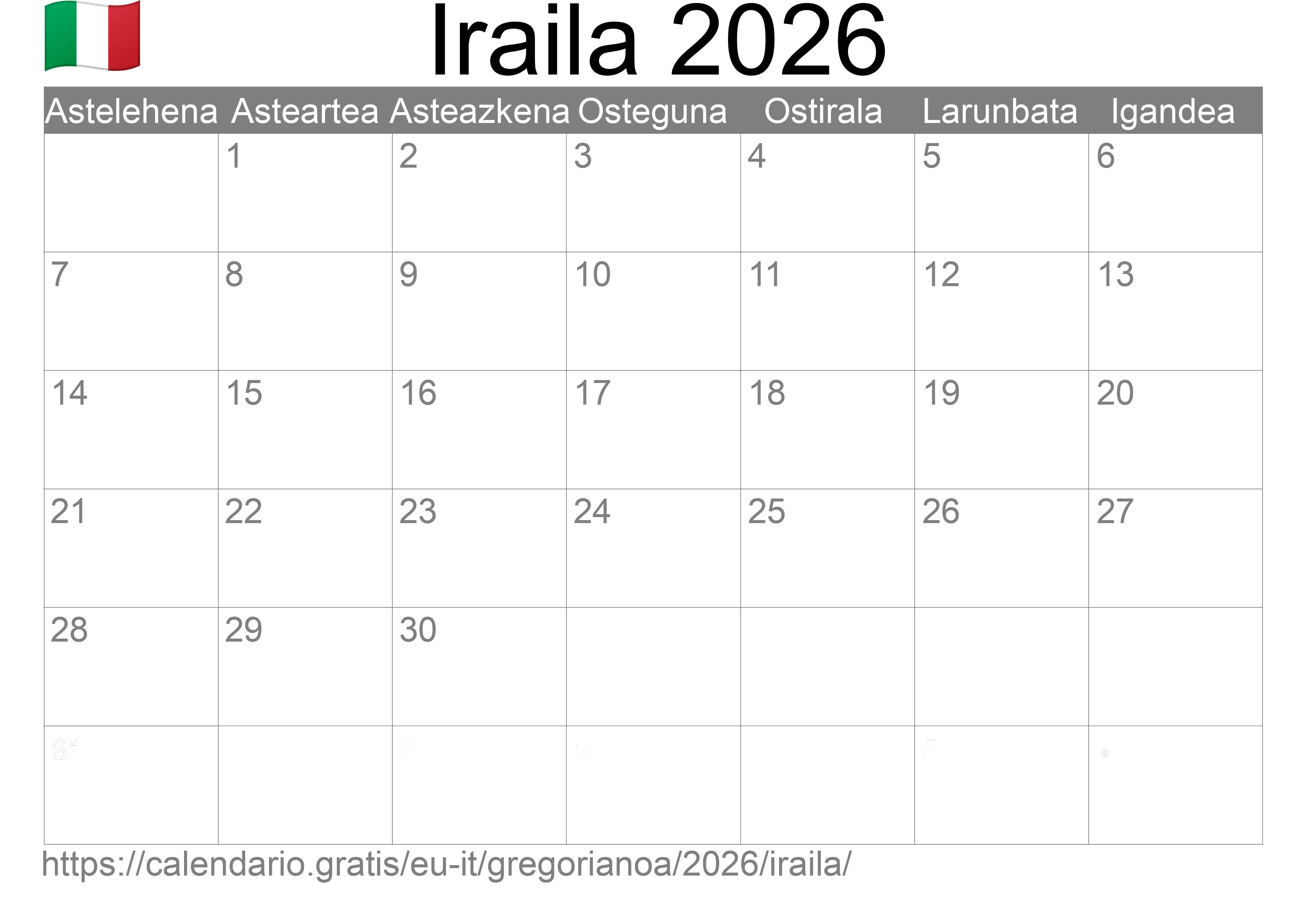 2026ko Iraila egutegia inprimatzeko