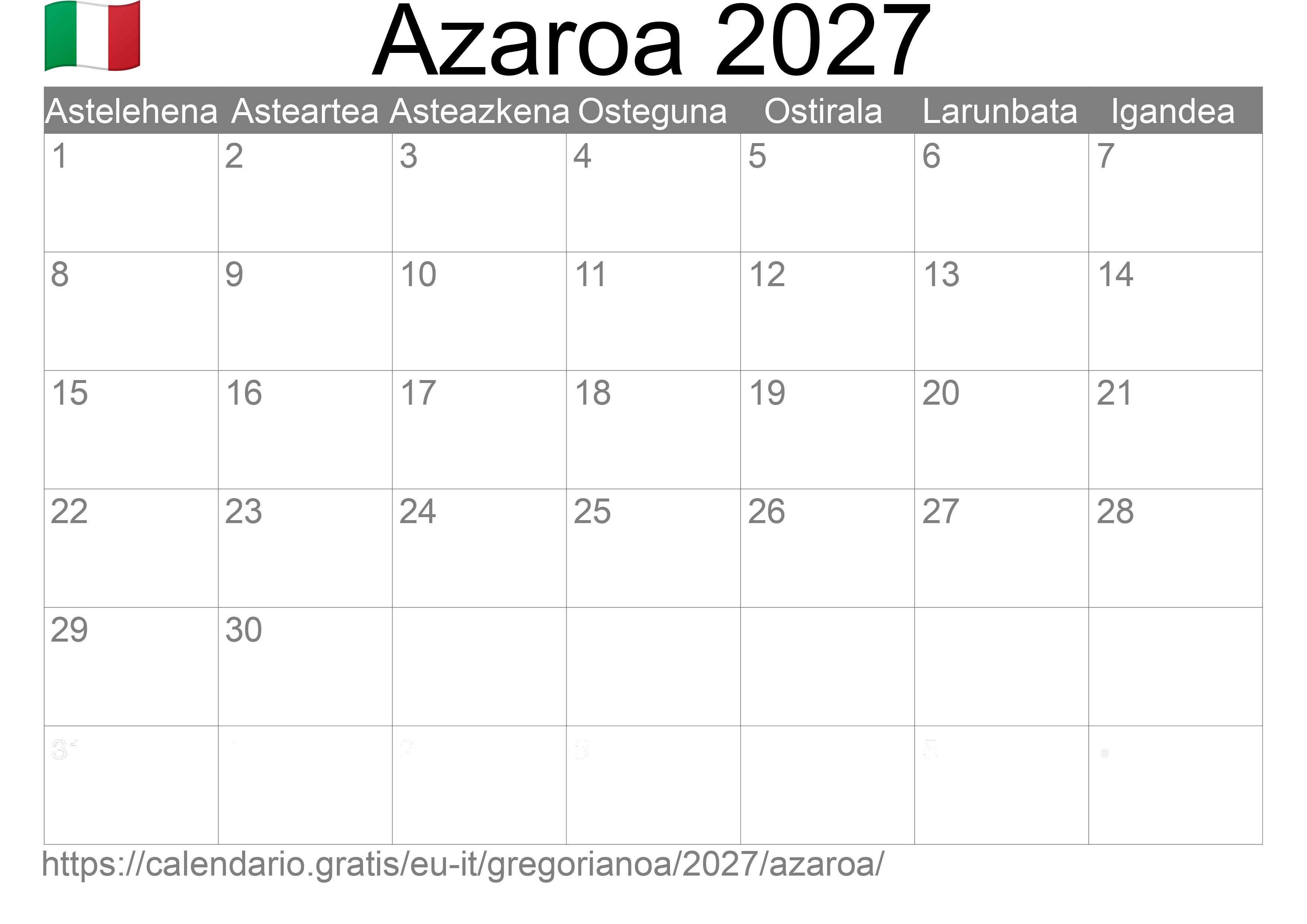 2027ko Azaroa egutegia inprimatzeko