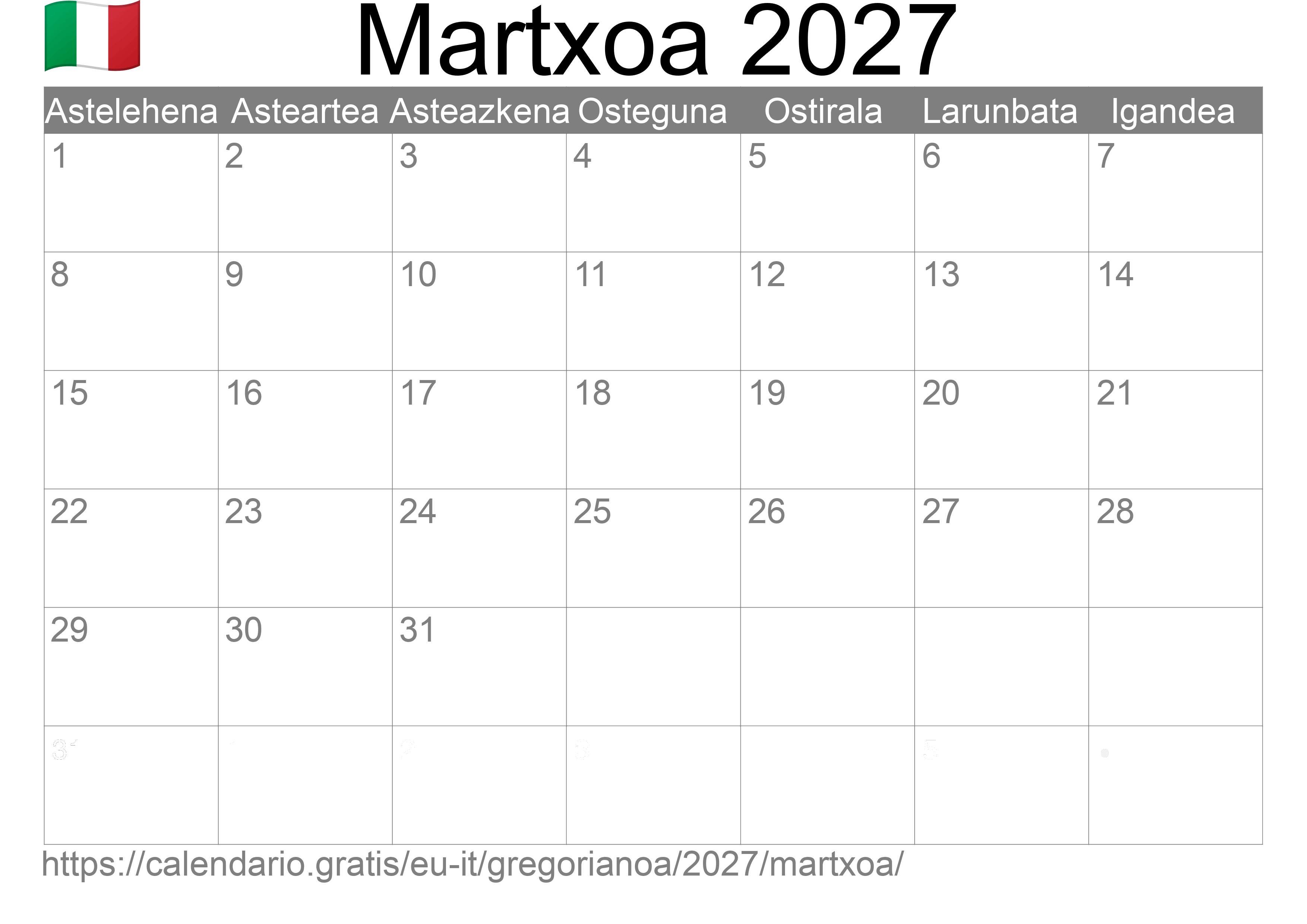 2027ko Martxoa egutegia inprimatzeko