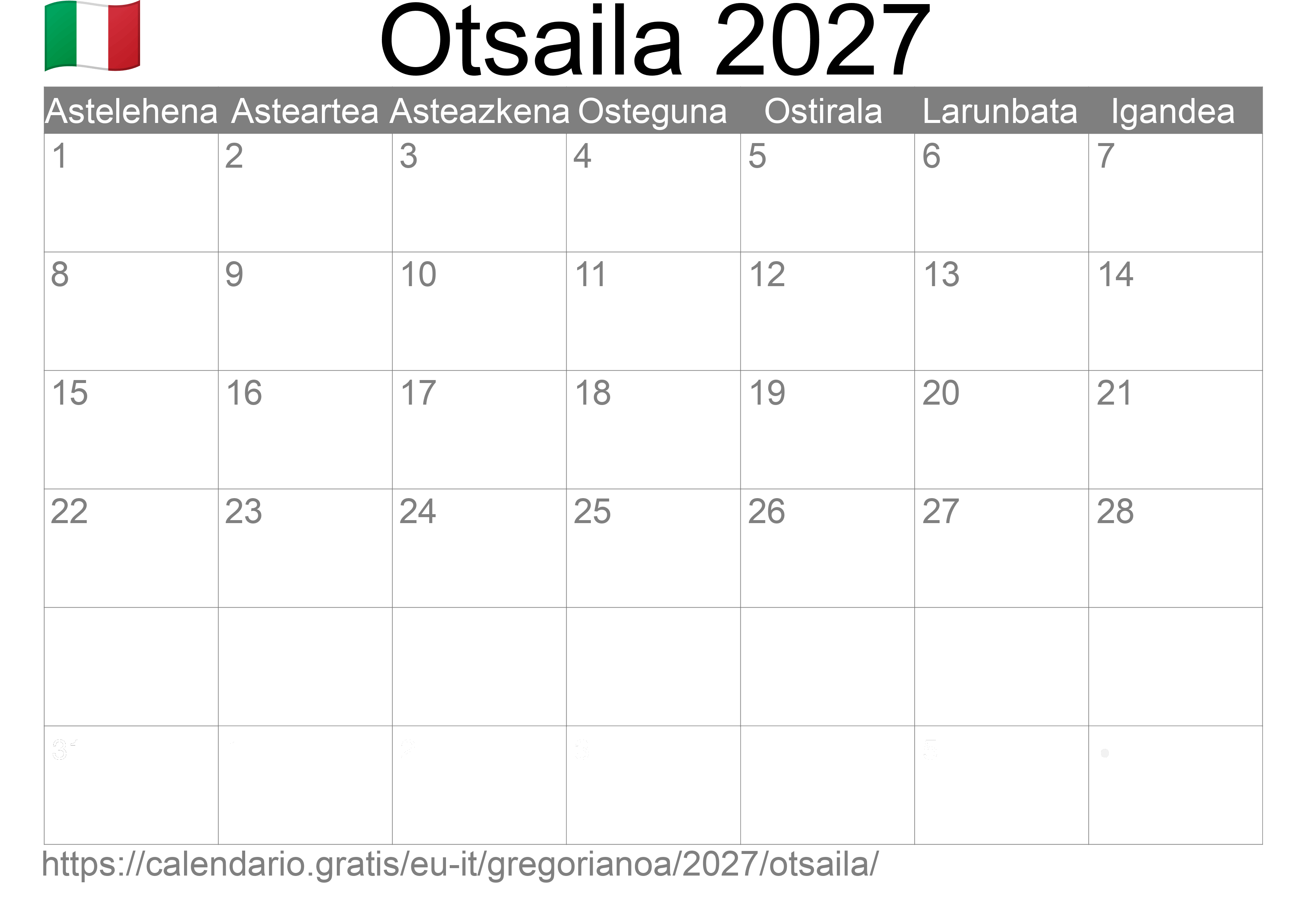 2027ko Otsaila egutegia inprimatzeko