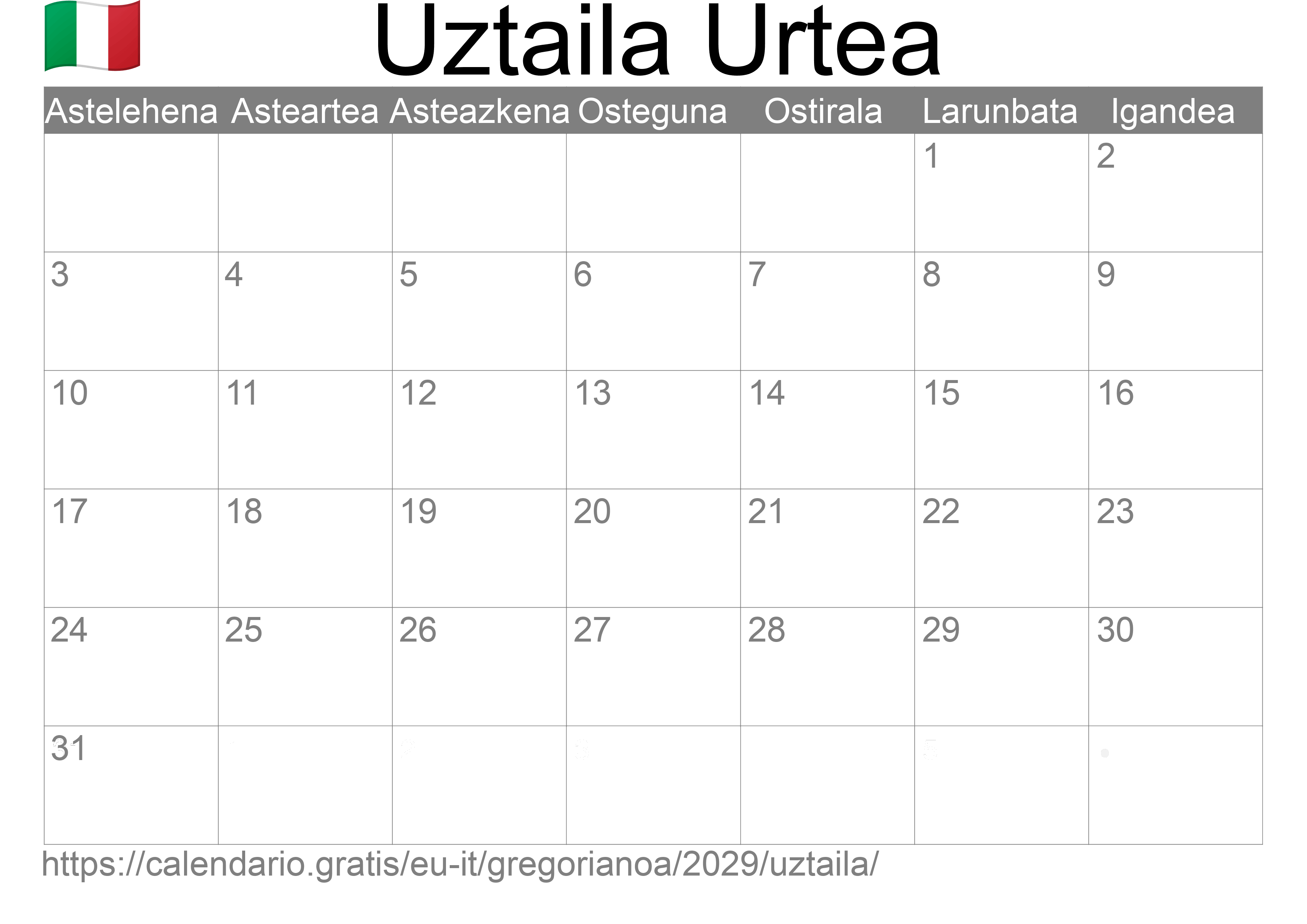 2029ko Uztaila egutegia inprimatzeko