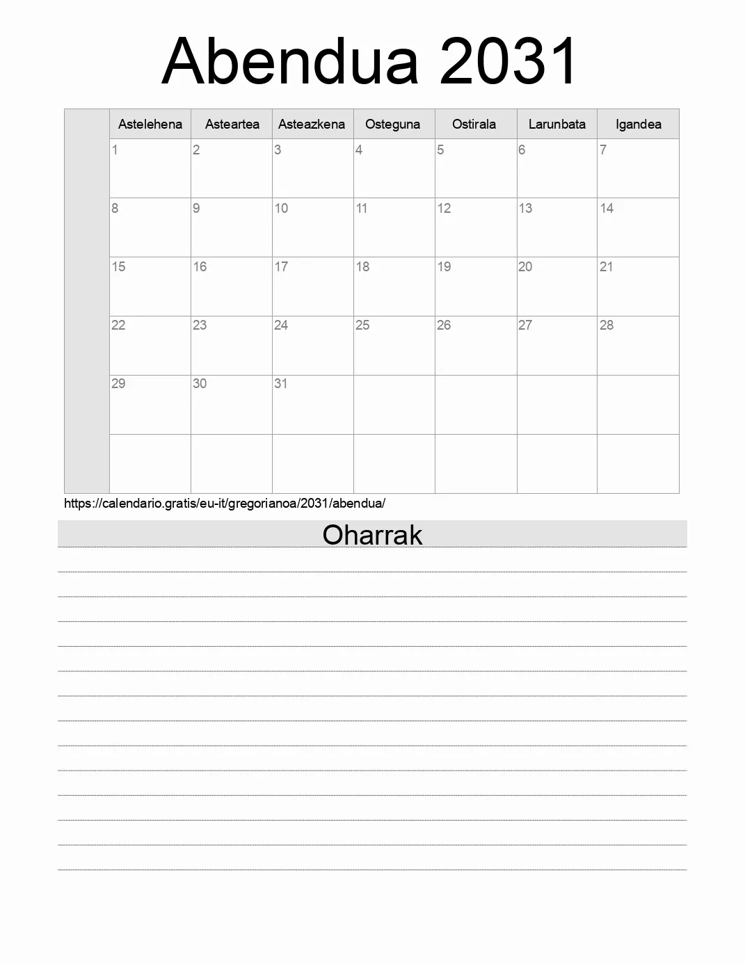 Inprimatzeko Abendua 2031 egutegia, oharrekin. (Italia)