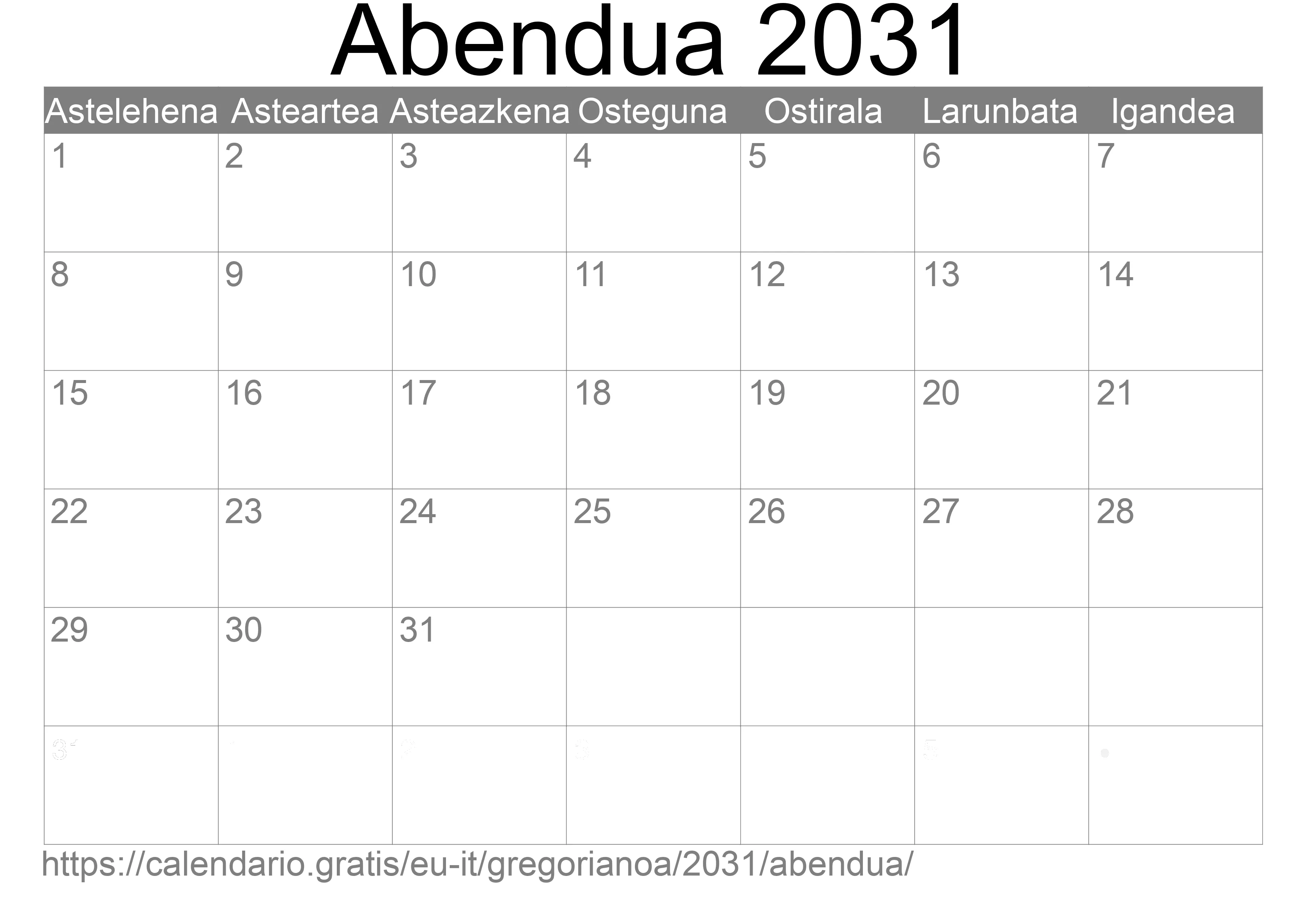 2031ko Abendua egutegia inprimatzeko (Italia)