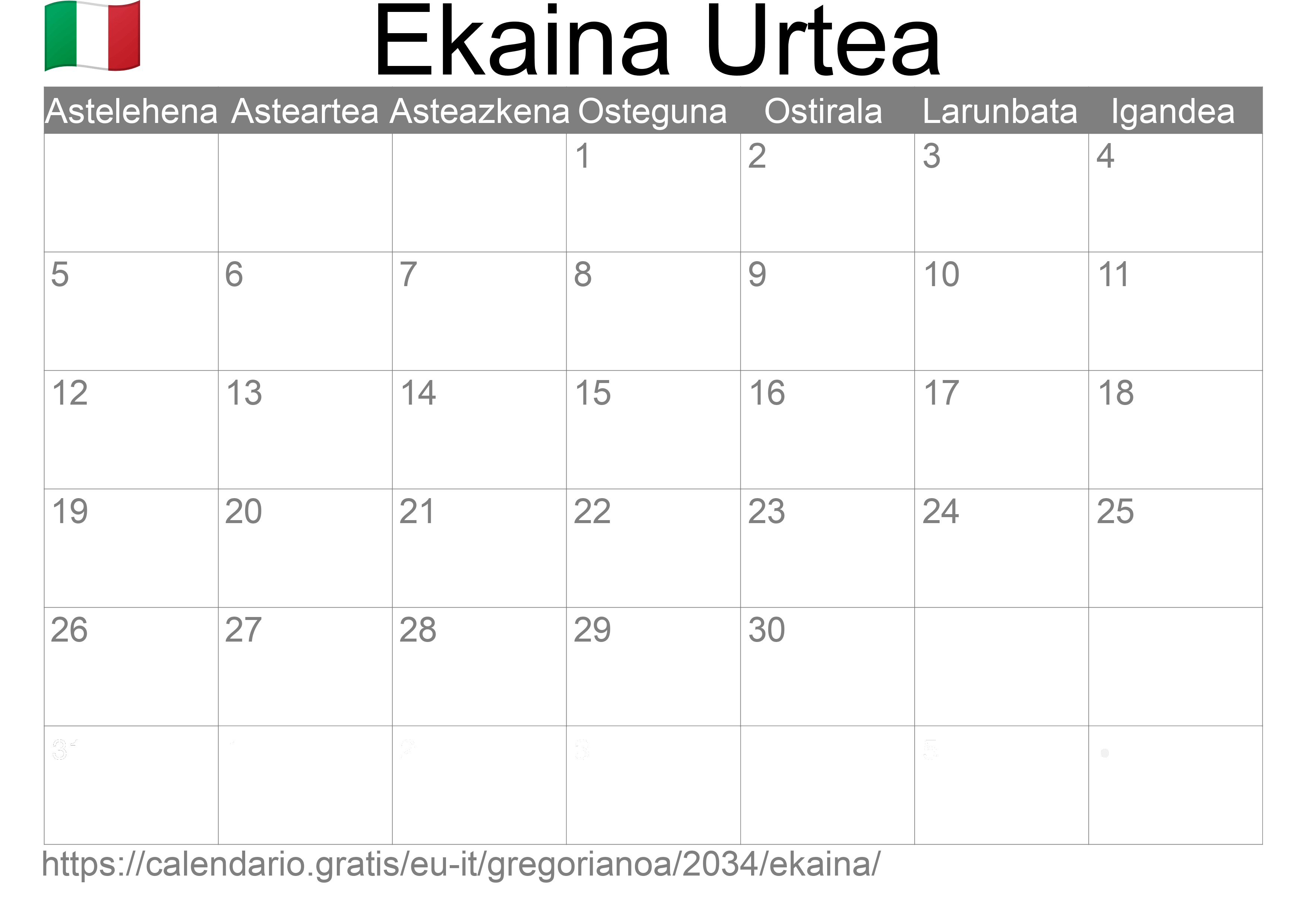 2034ko Ekaina egutegia inprimatzeko