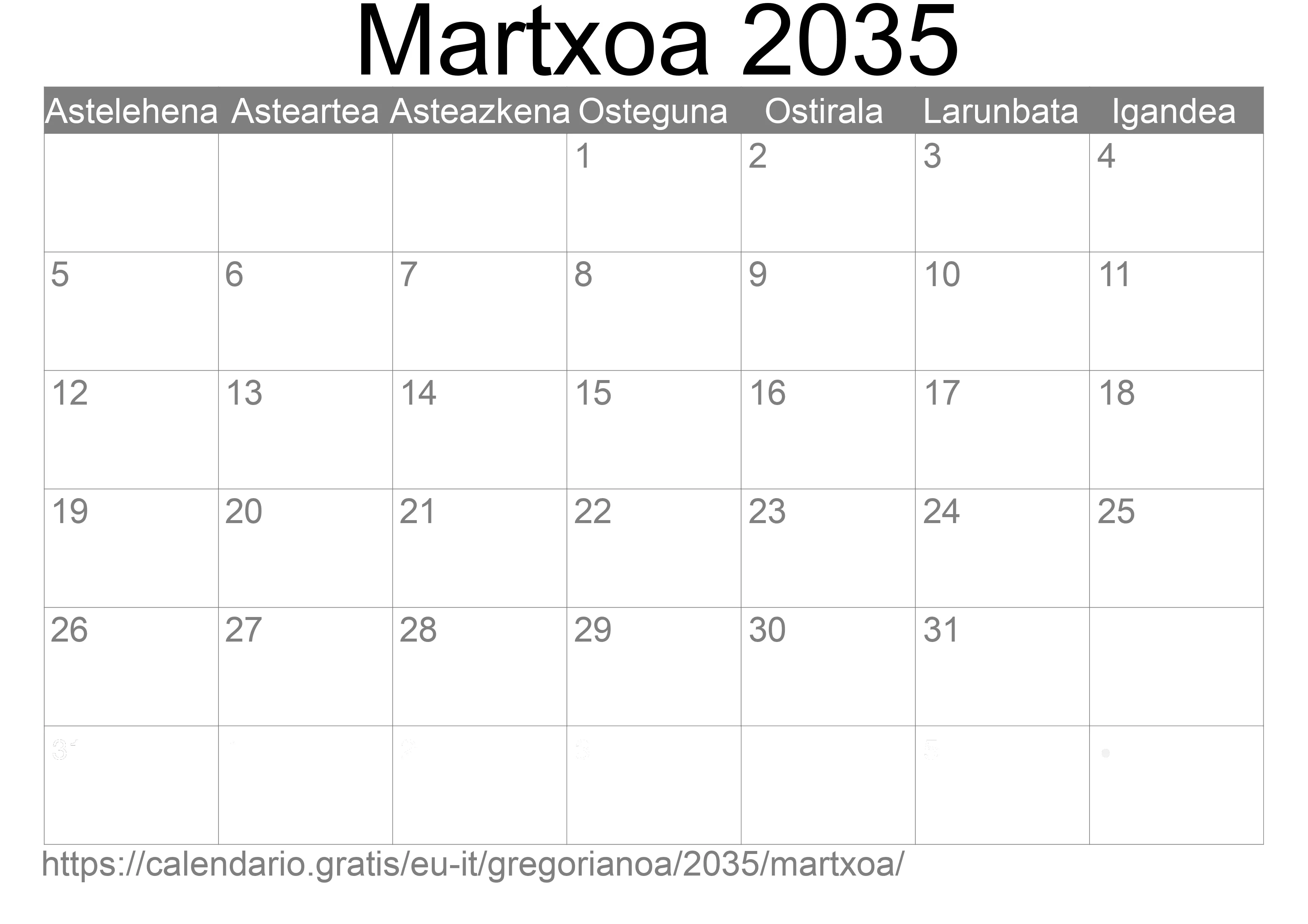 2035ko Martxoa egutegia inprimatzeko (Italia)