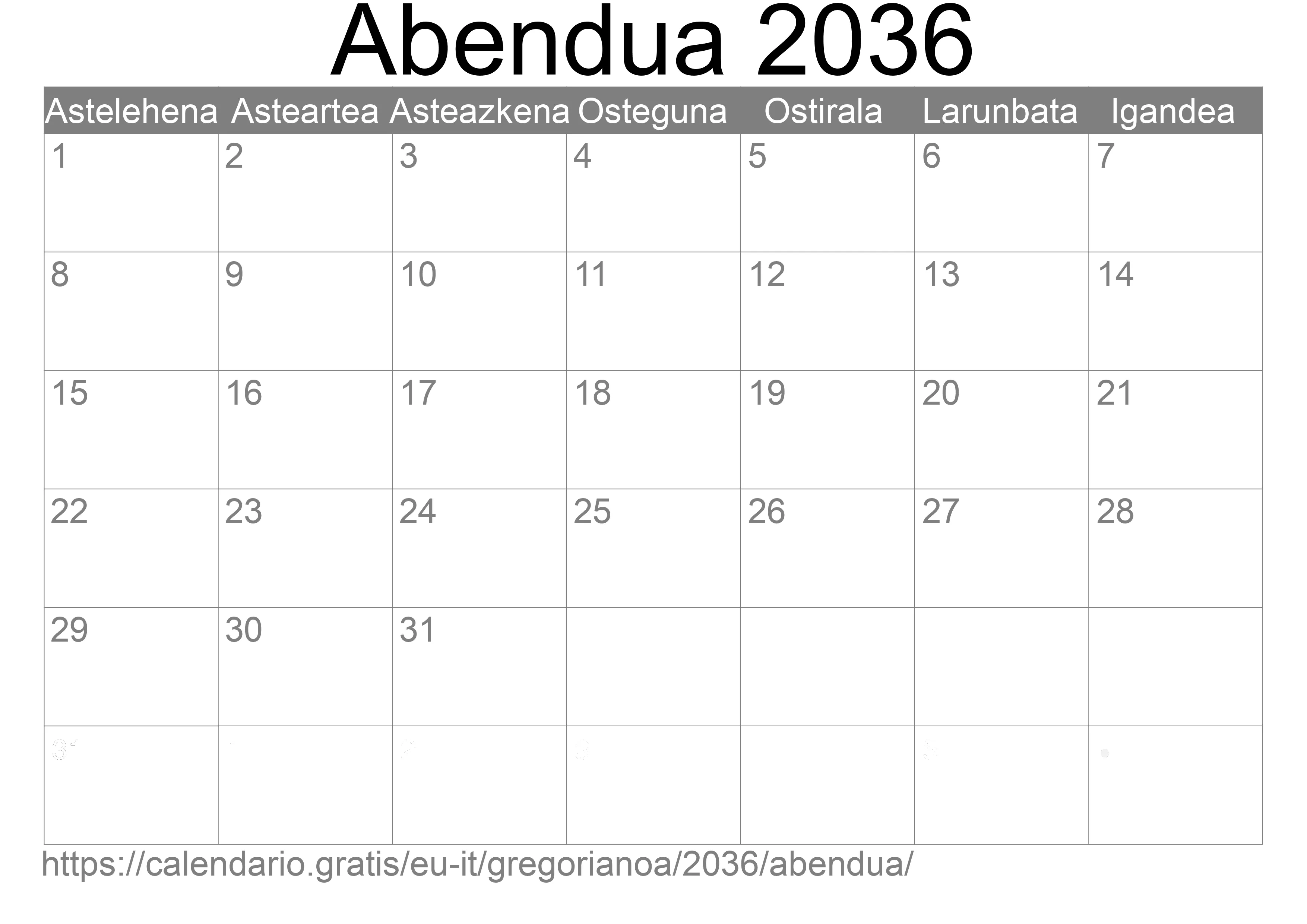 2036ko Abendua egutegia inprimatzeko (Italia)