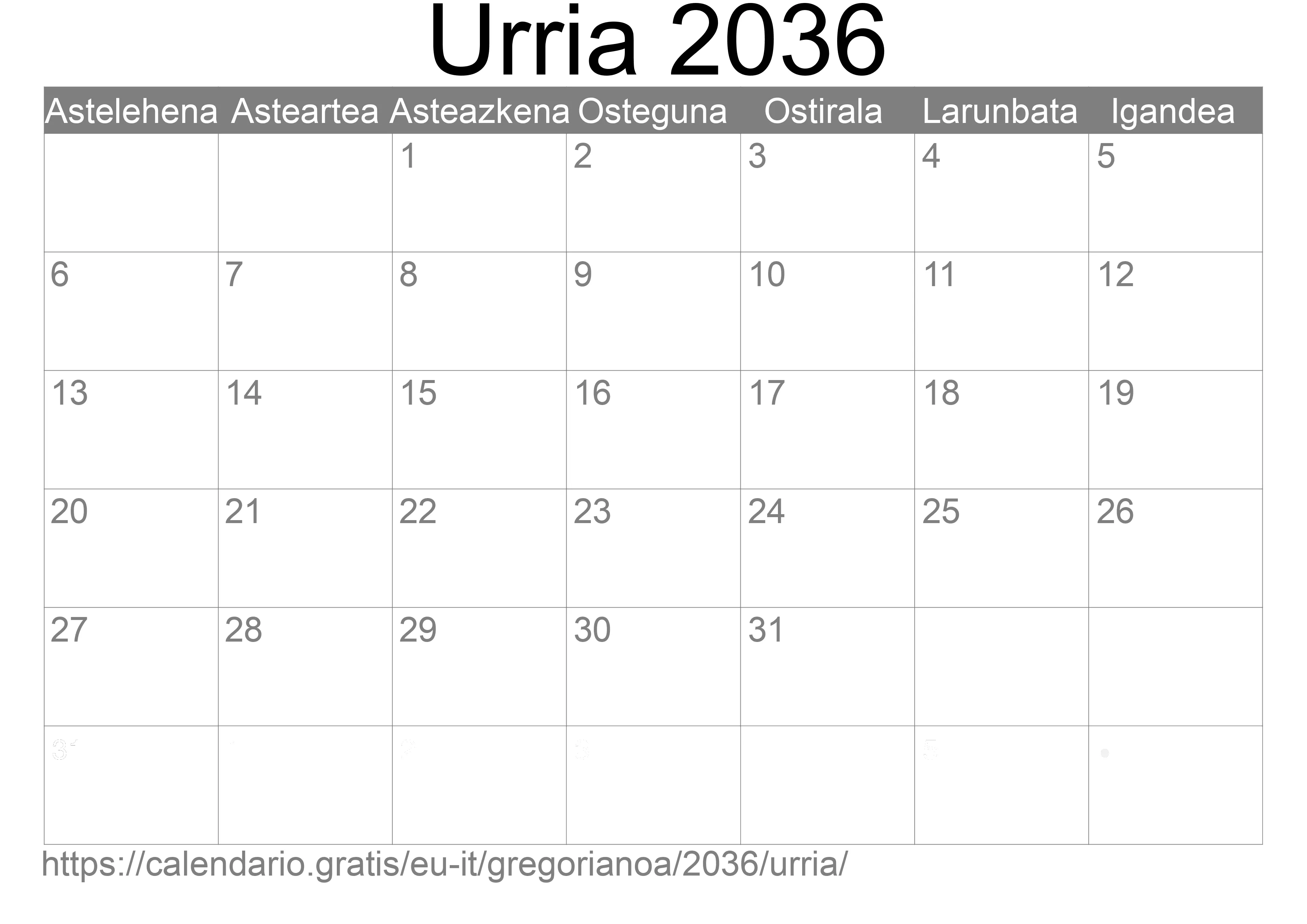 2036ko Urria egutegia inprimatzeko (Italia)