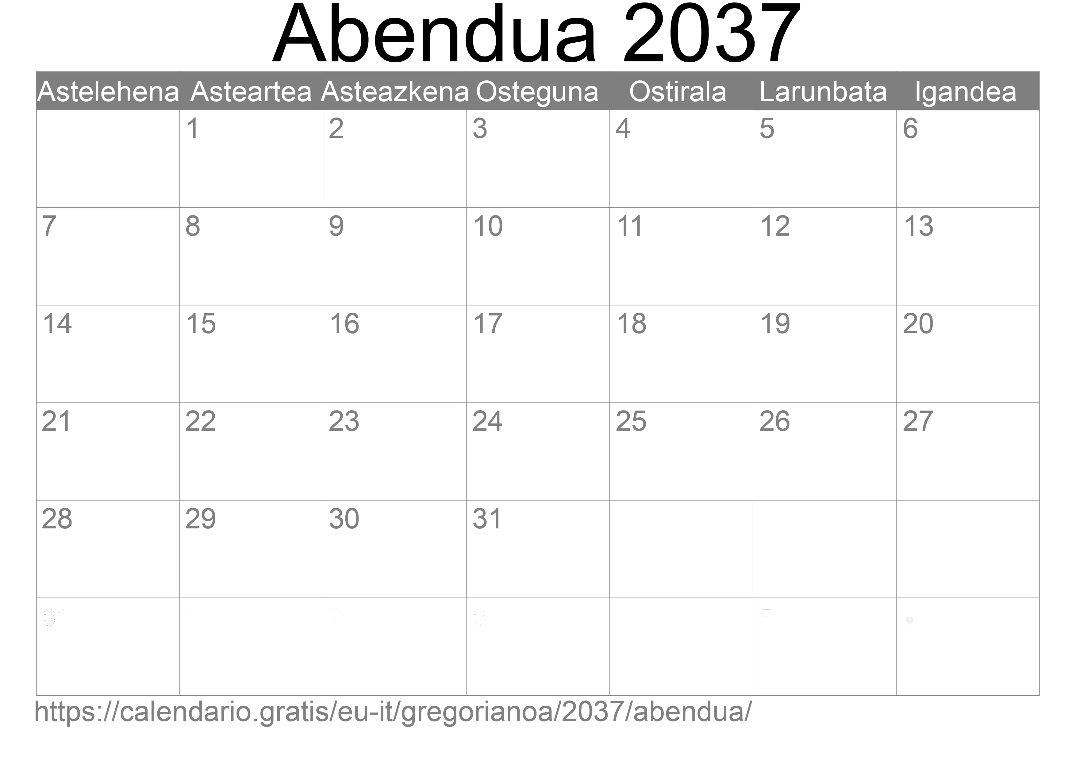 2037ko Abendua egutegia inprimatzeko (Italia)