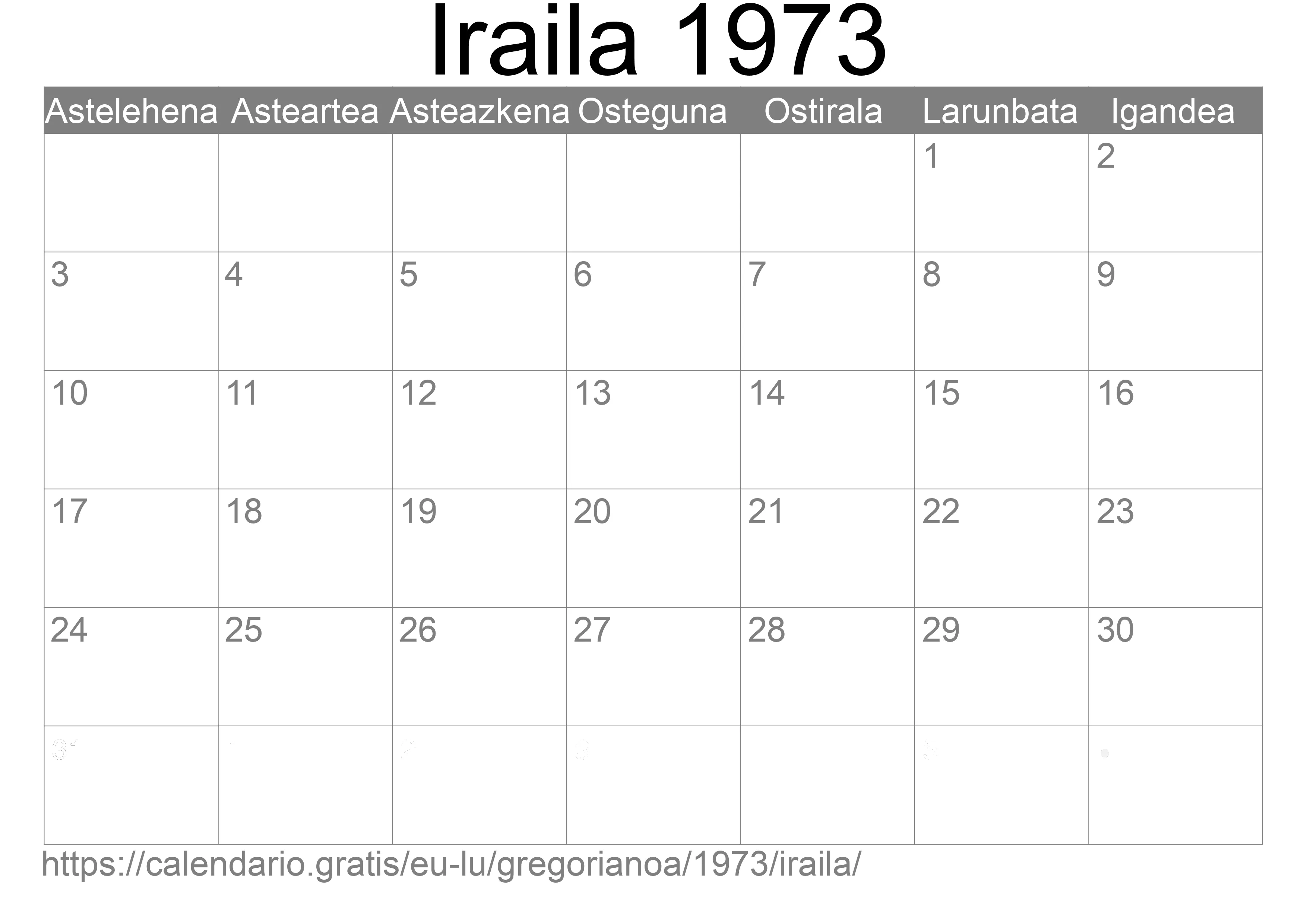 1973ko Iraila egutegia inprimatzeko (Luxenburgo)