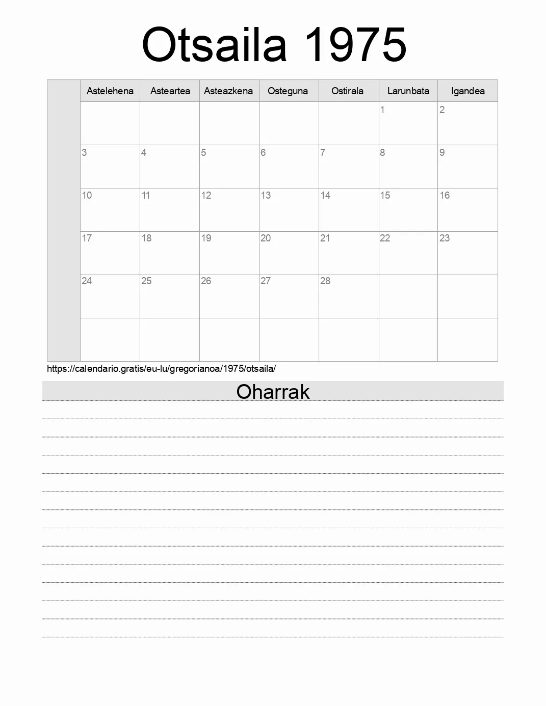 Inprimatzeko Otsaila 1975 egutegia, oharrekin. (Luxenburgo) Inprimatzeko Otsaila 1975 egutegia, oharrekin. (Luxenburgo)