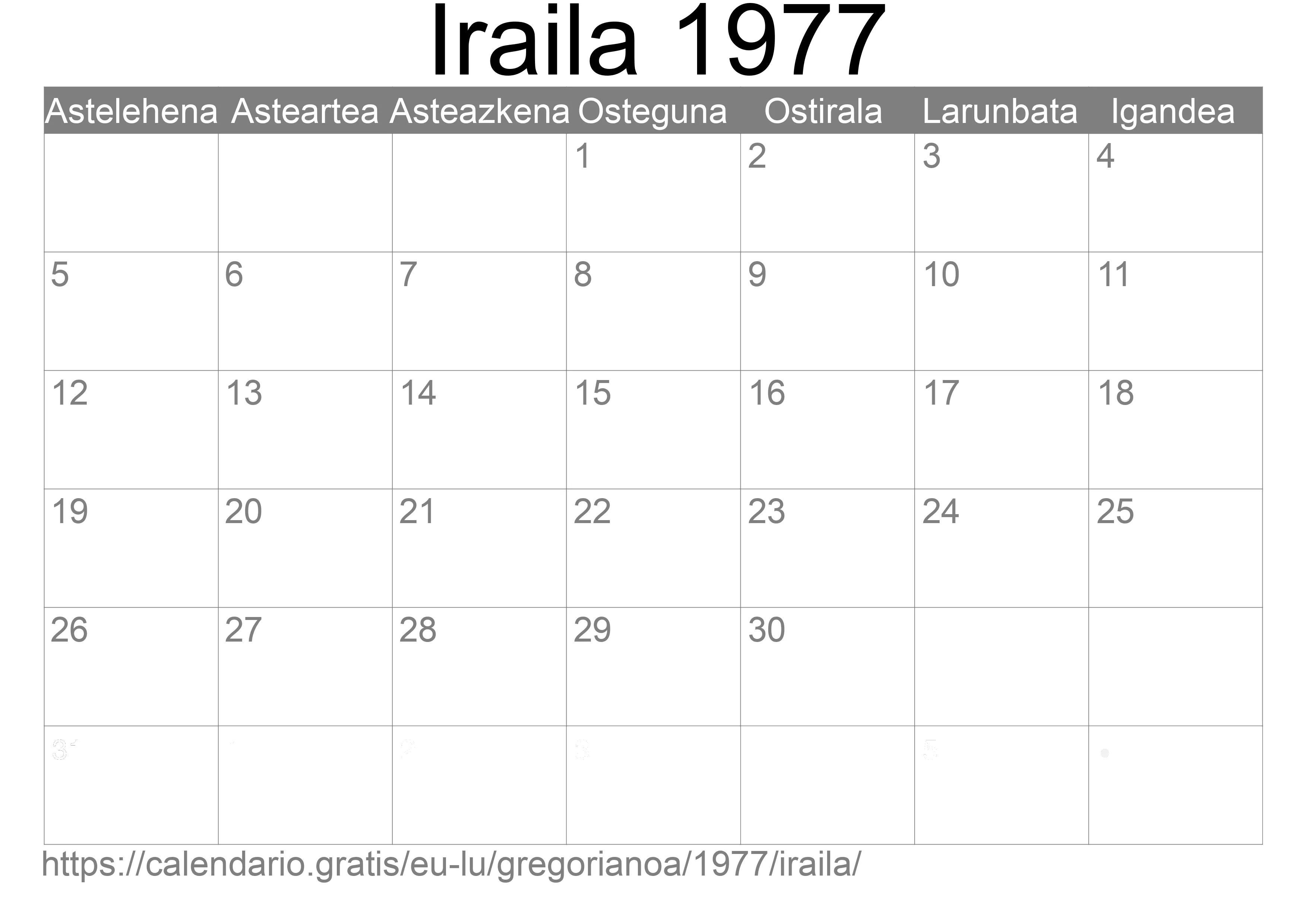 1977ko Iraila egutegia inprimatzeko (Luxenburgo)