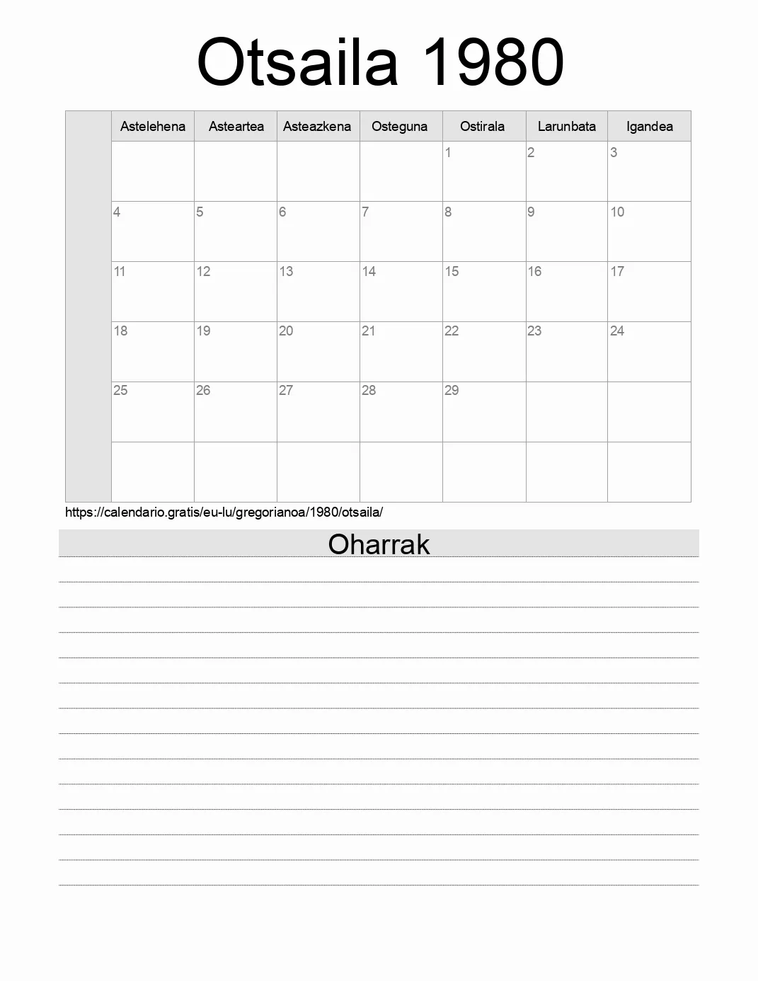 Inprimatzeko Otsaila 1980 egutegia, oharrekin. (Luxenburgo) Inprimatzeko Otsaila 1980 egutegia, oharrekin. (Luxenburgo)