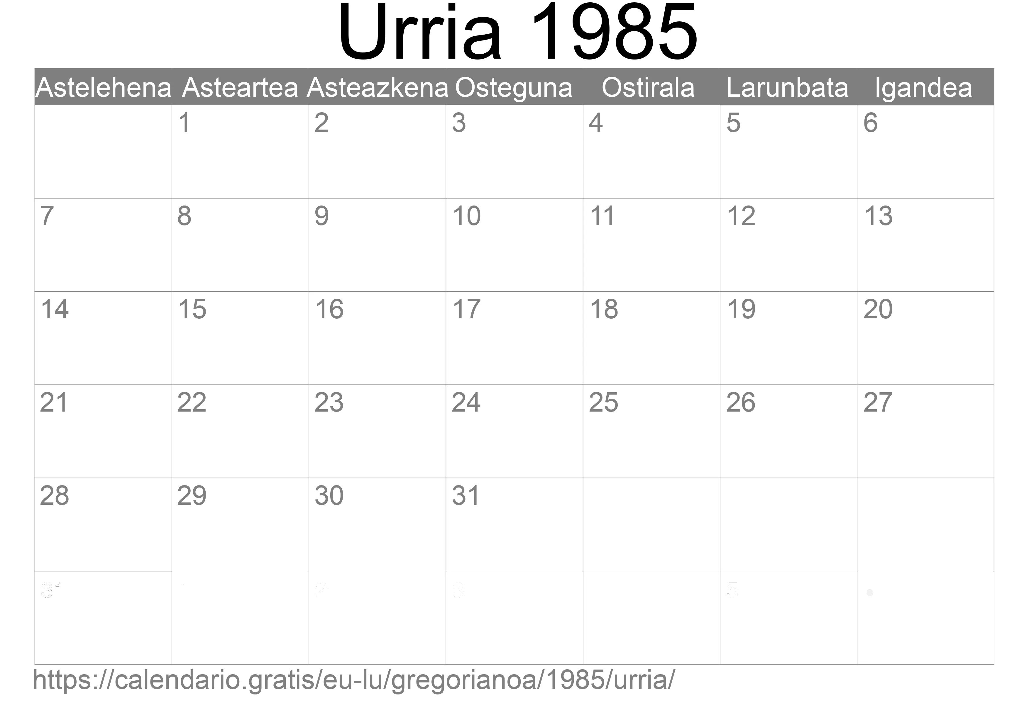 1985ko Urria egutegia inprimatzeko (Luxenburgo) 1985ko Urria egutegia inprimatzeko (Luxenburgo)