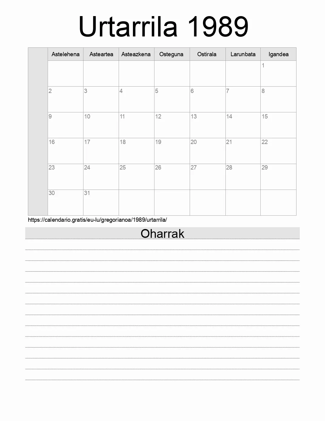 Inprimatzeko Urtarrila 1989 egutegia, oharrekin. (Luxenburgo) Inprimatzeko Urtarrila 1989 egutegia, oharrekin. (Luxenburgo)