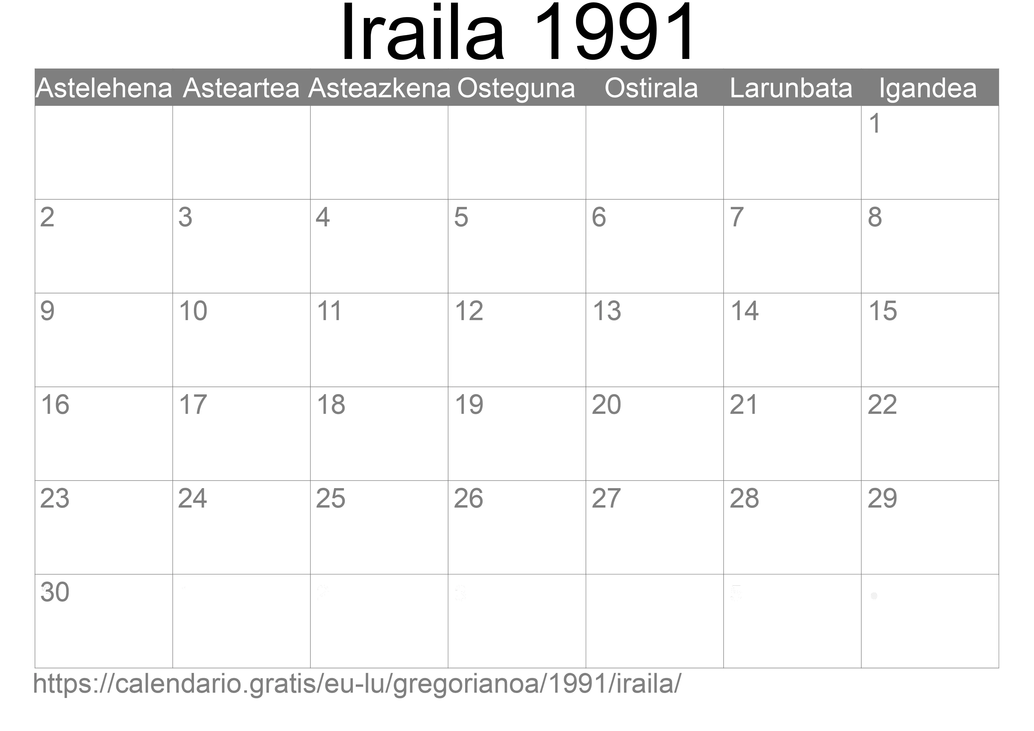 1991ko Iraila egutegia inprimatzeko (Luxenburgo)