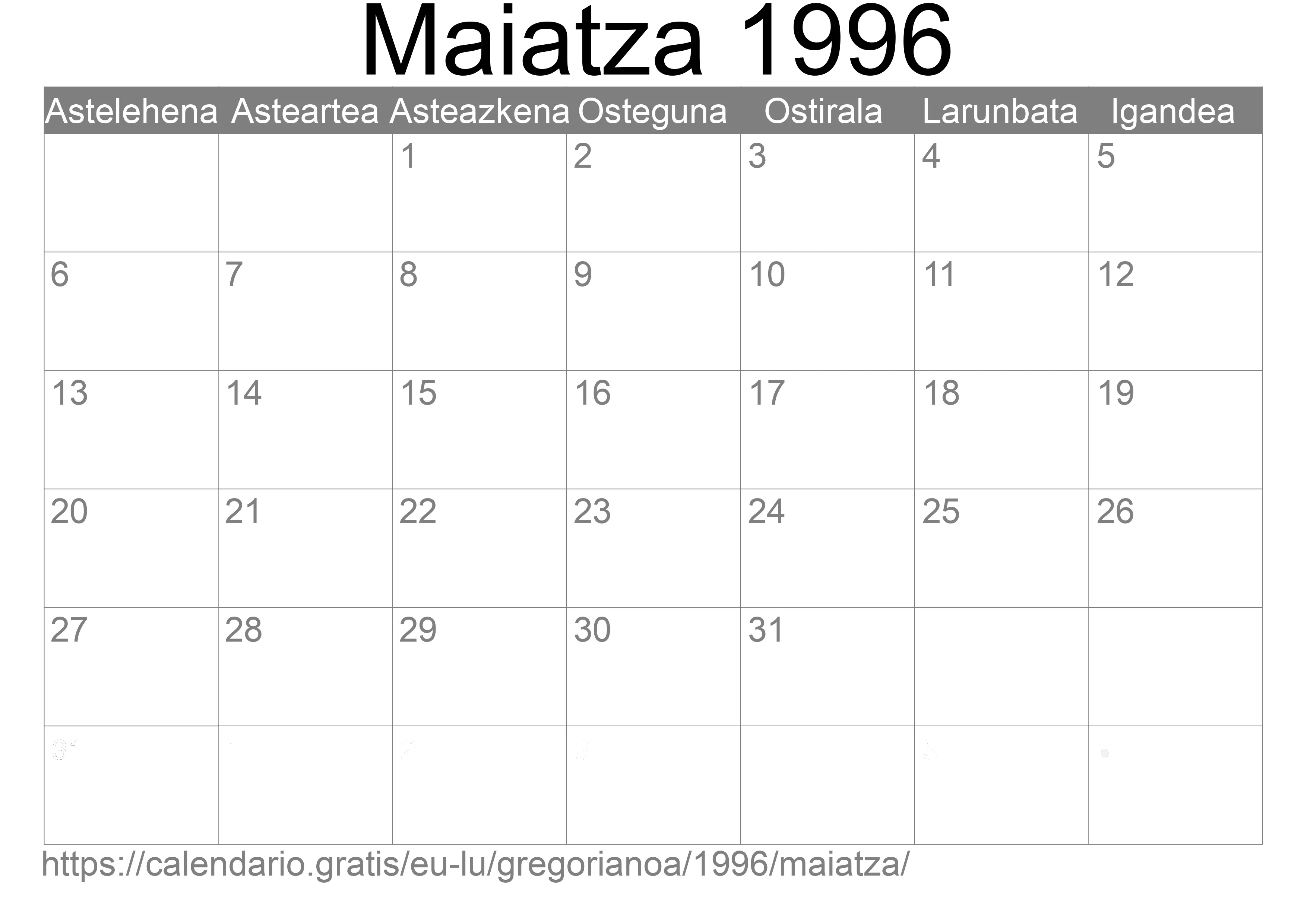 1996ko Maiatza egutegia inprimatzeko (Luxenburgo) 1996ko Maiatza egutegia inprimatzeko (Luxenburgo)