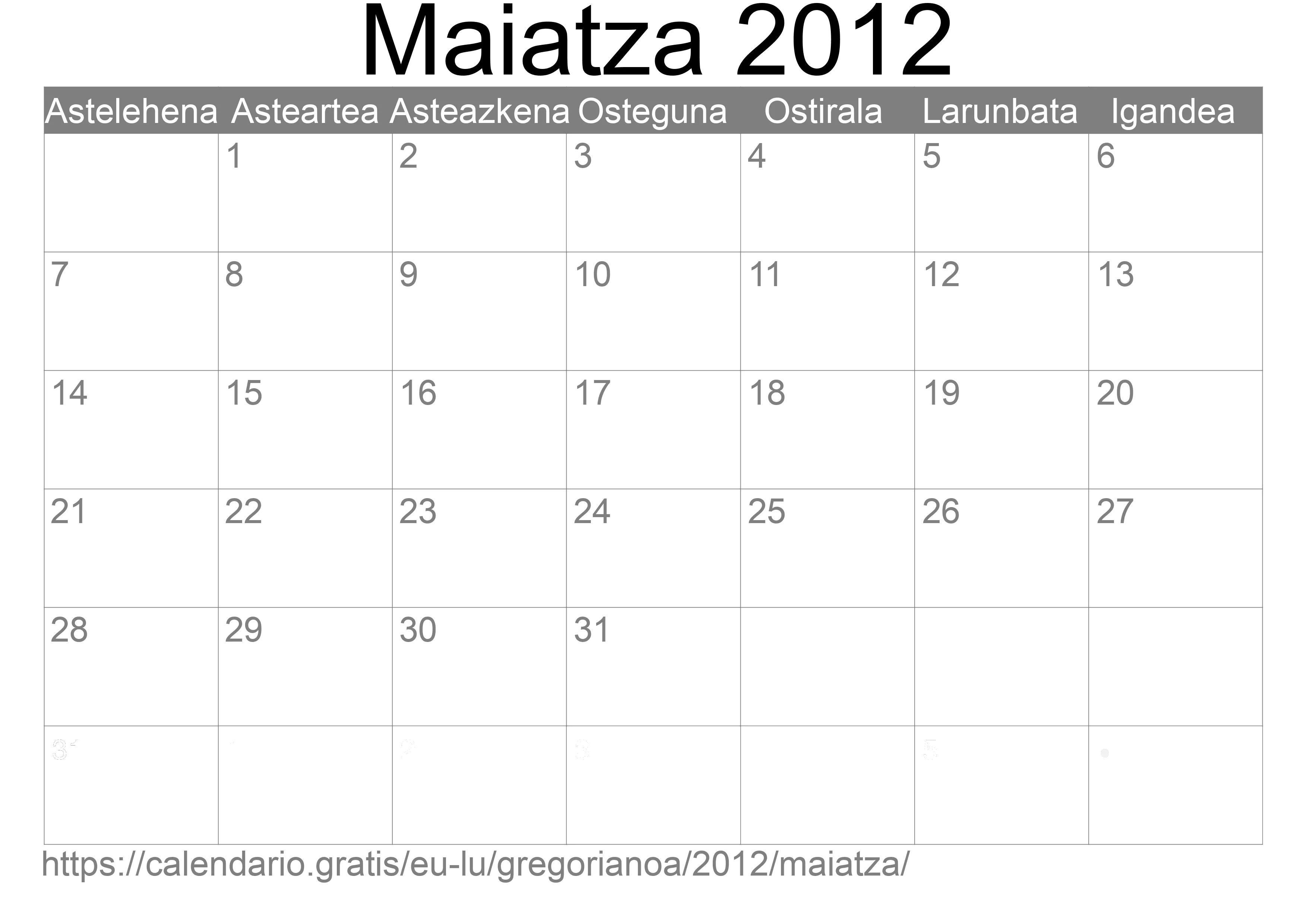 2012ko Maiatza egutegia inprimatzeko (Luxenburgo)