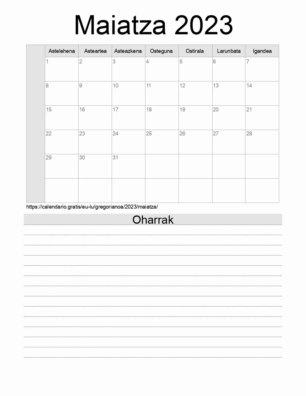 Inprimatzeko Maiatza 2023 egutegia, oharrekin. (Luxenburgo)