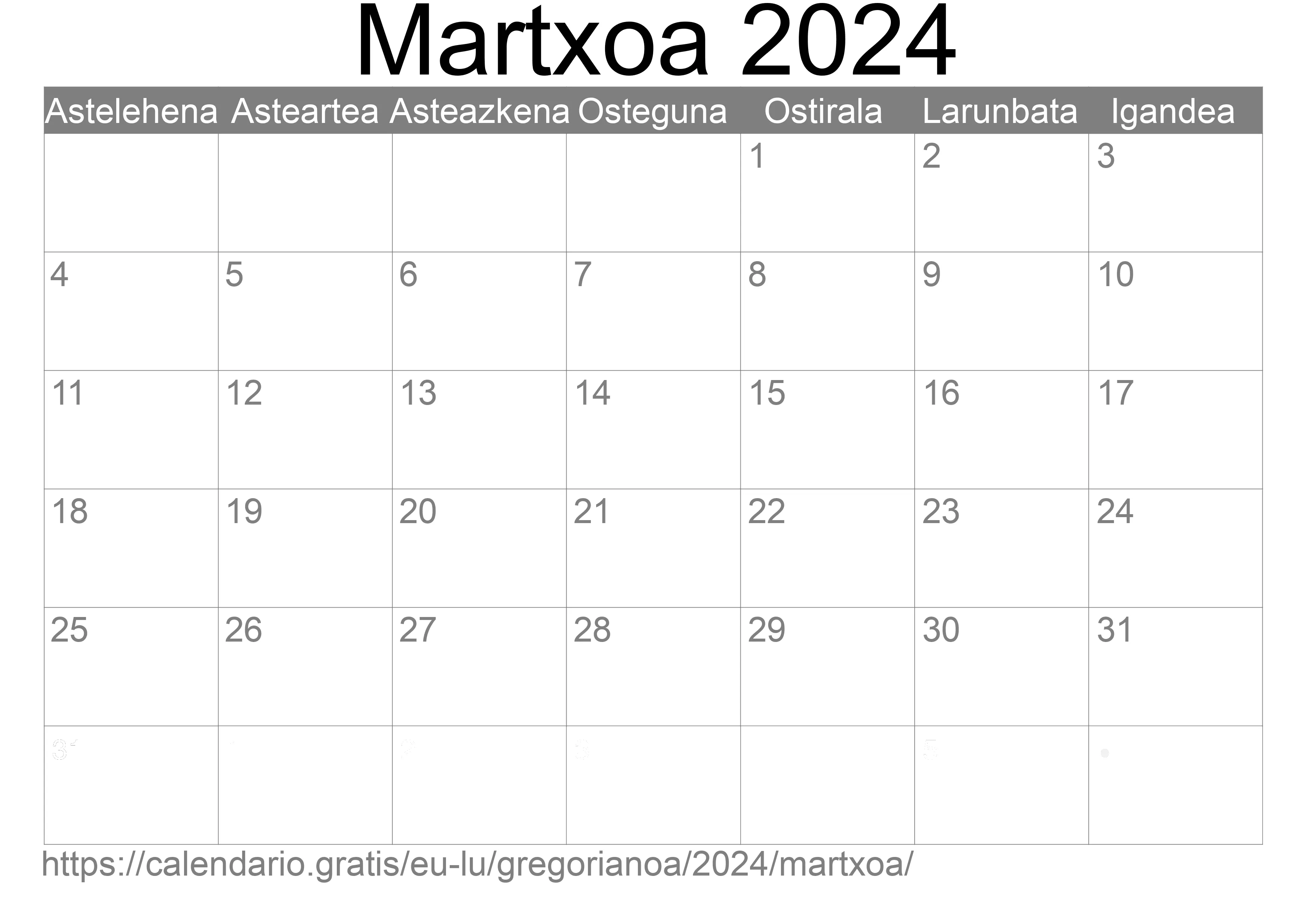 2024ko Martxoa egutegia inprimatzeko (Luxenburgo) 2024ko Martxoa egutegia inprimatzeko (Luxenburgo)