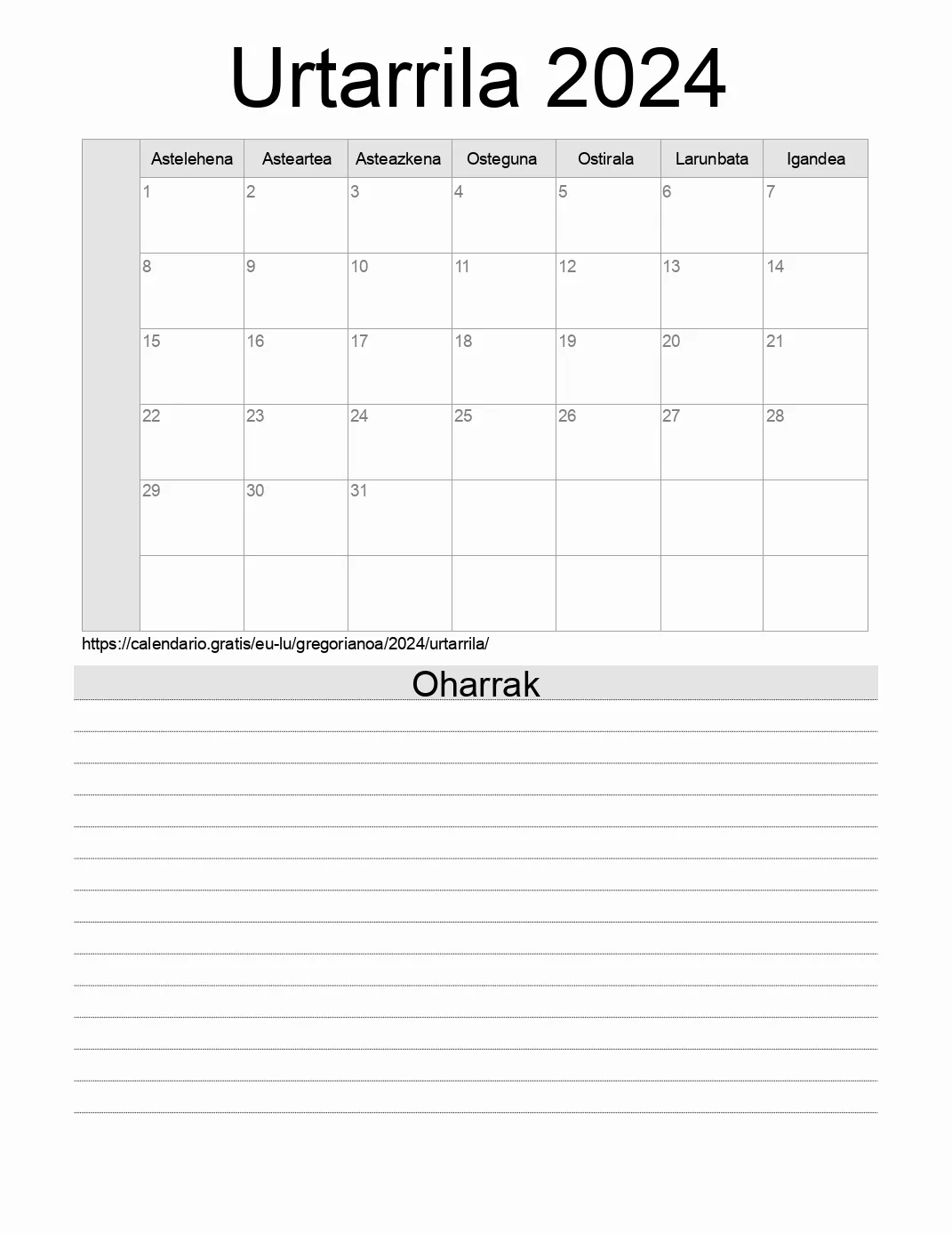 Inprimatzeko Urtarrila 2024 egutegia, oharrekin. (Luxenburgo) Inprimatzeko Urtarrila 2024 egutegia, oharrekin. (Luxenburgo)