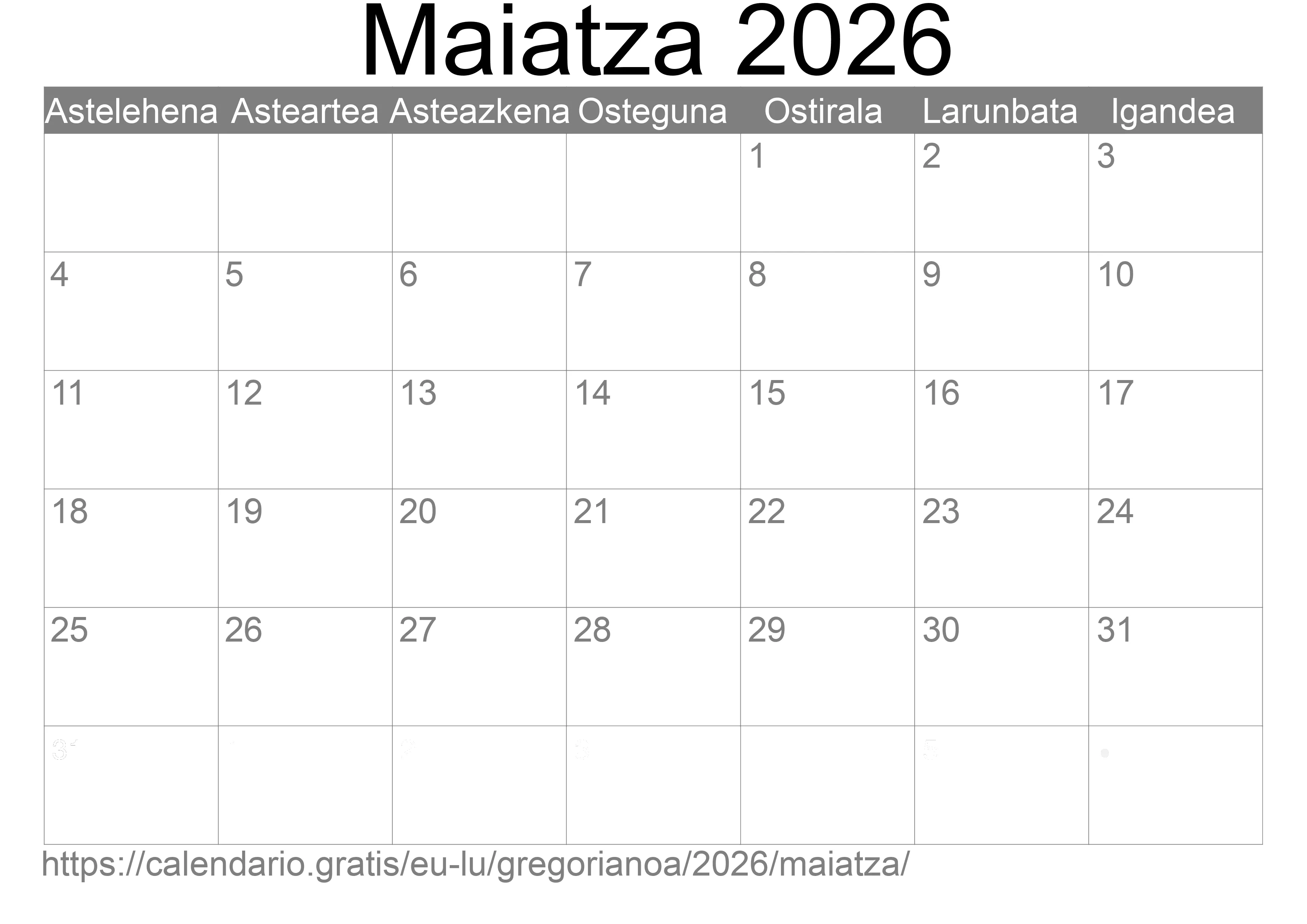 2026ko Maiatza egutegia inprimatzeko (Luxenburgo) 2026ko Maiatza egutegia inprimatzeko (Luxenburgo)