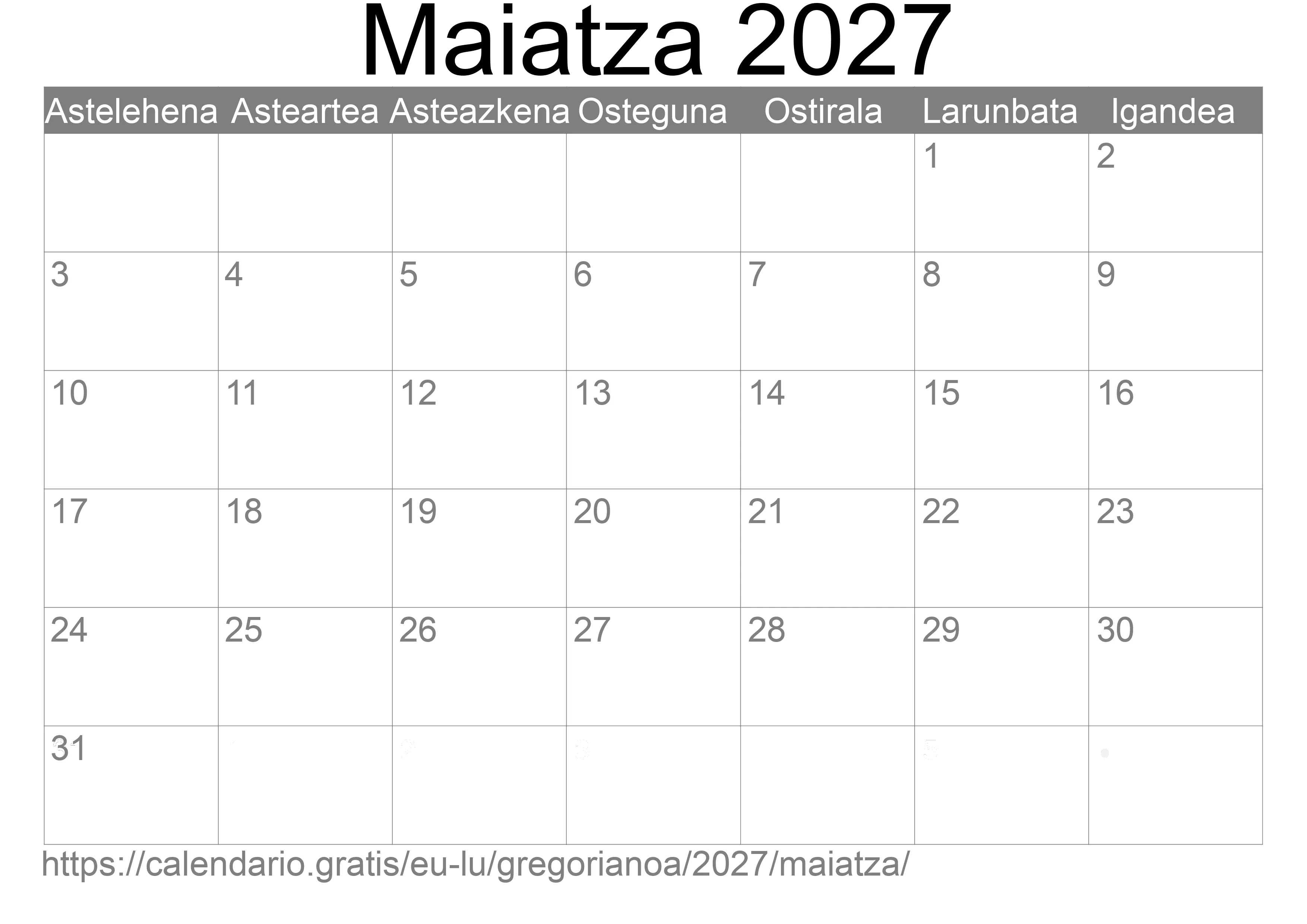 2027ko Maiatza egutegia inprimatzeko (Luxenburgo) 2027ko Maiatza egutegia inprimatzeko (Luxenburgo)