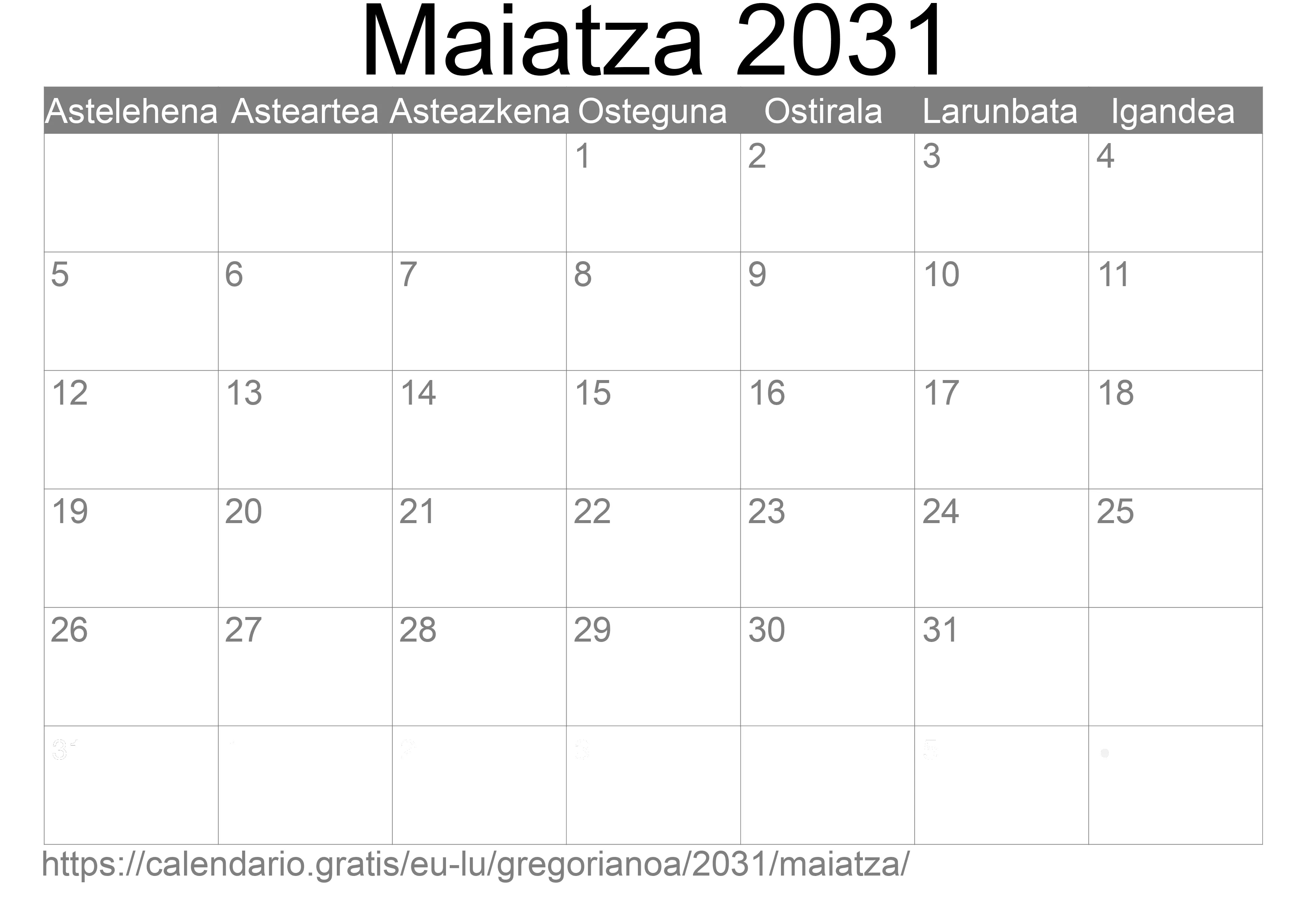 2031ko Maiatza egutegia inprimatzeko (Luxenburgo) 2031ko Maiatza egutegia inprimatzeko (Luxenburgo)