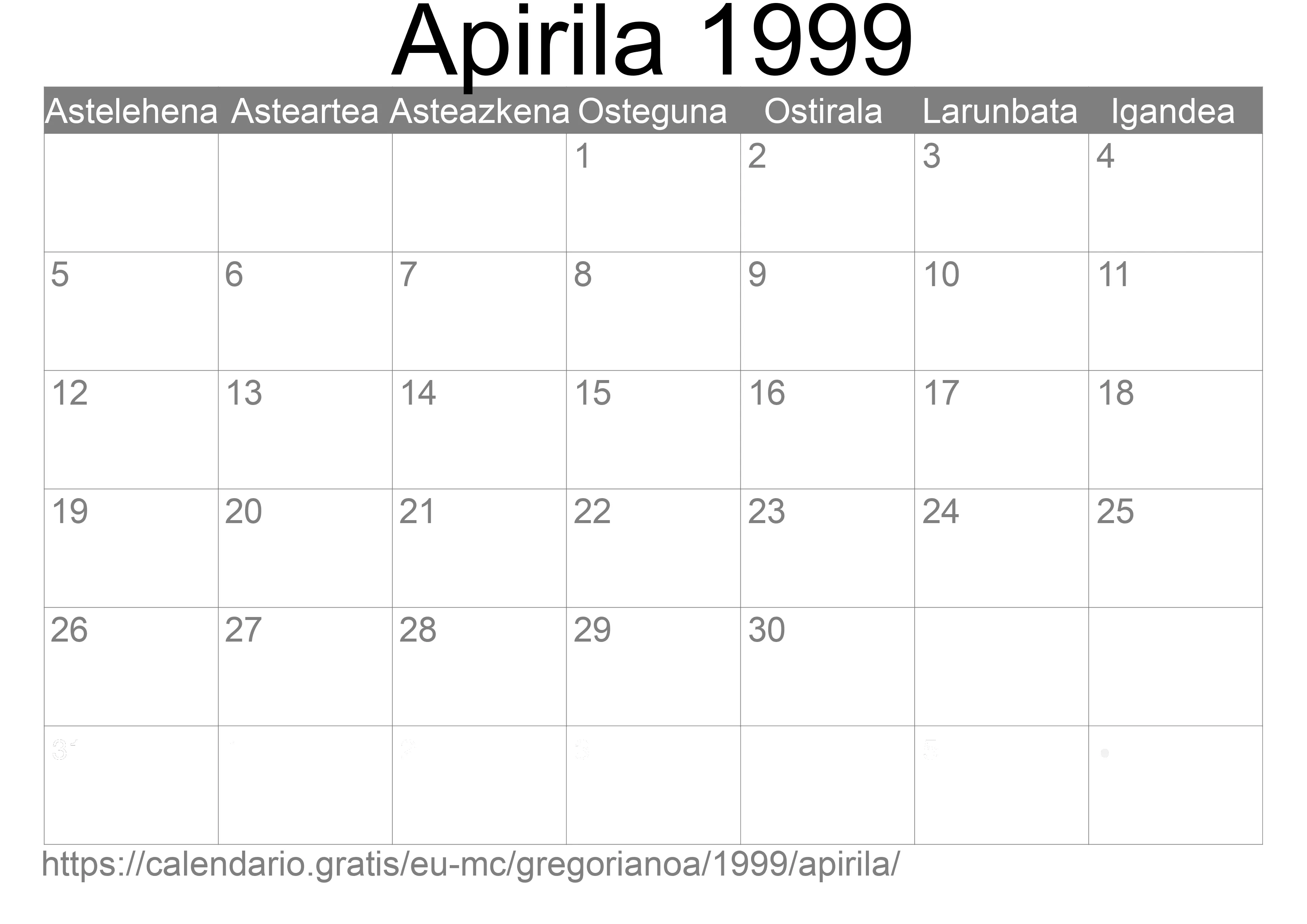 1999ko Apirila egutegia inprimatzeko (Monako)
