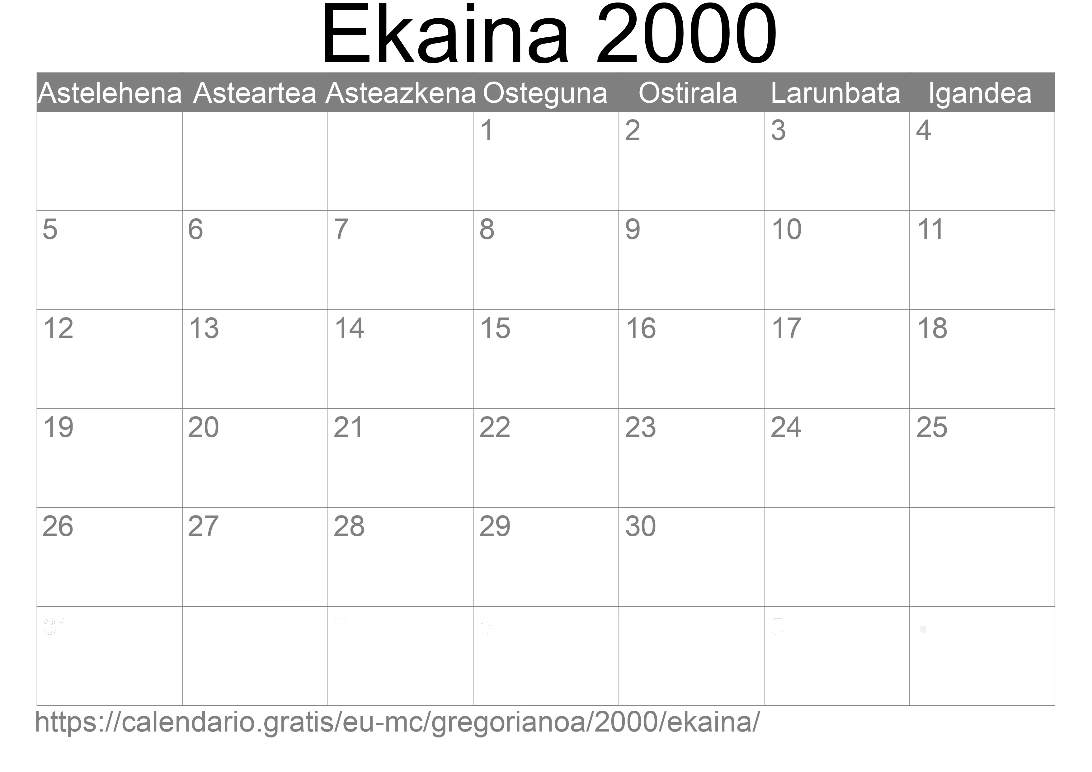 2000ko Ekaina egutegia inprimatzeko (Monako) 2000ko Ekaina egutegia inprimatzeko (Monako)