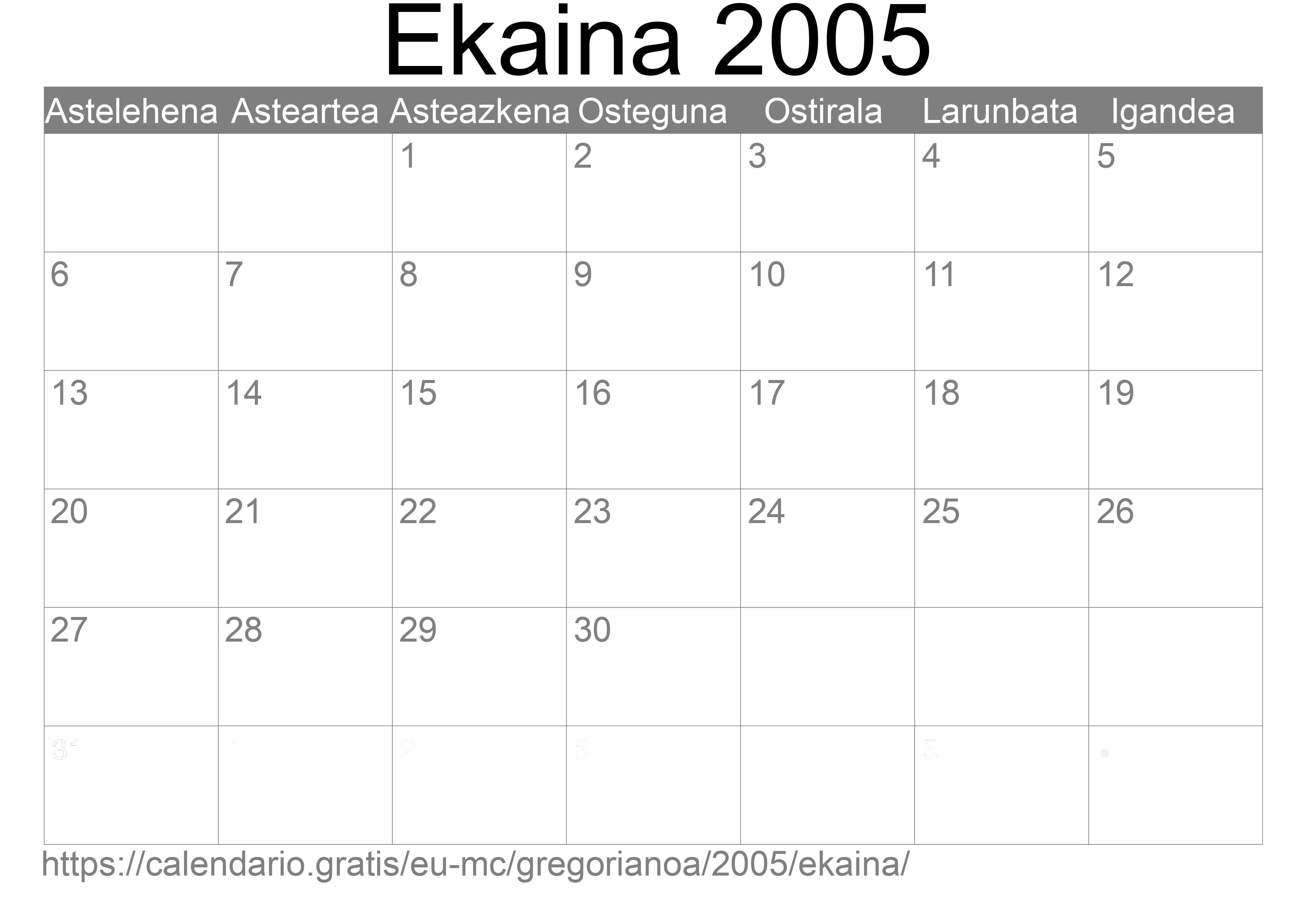 2005ko Ekaina egutegia inprimatzeko (Monako)