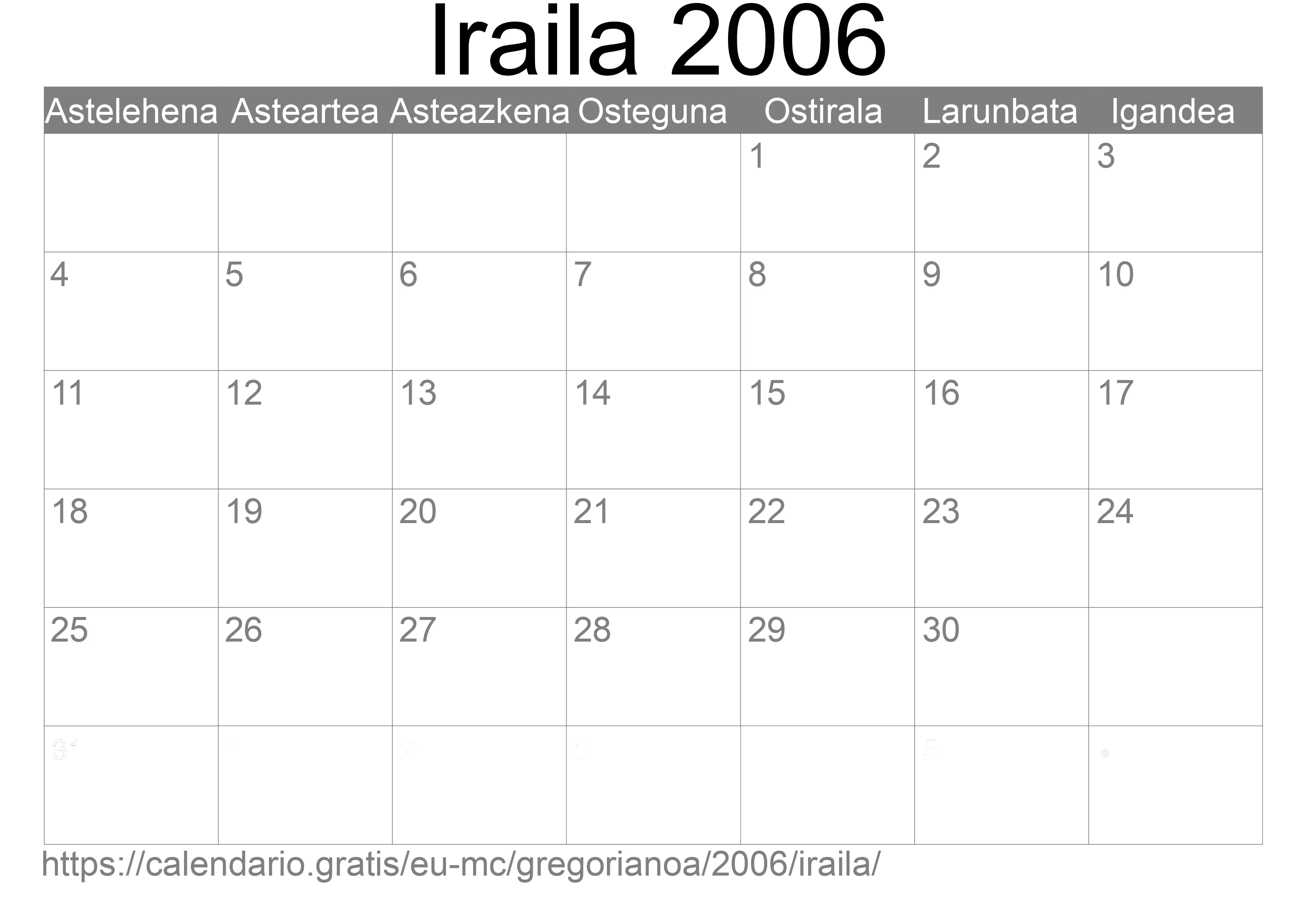 2006ko Iraila egutegia inprimatzeko (Monako) 2006ko Iraila egutegia inprimatzeko (Monako)