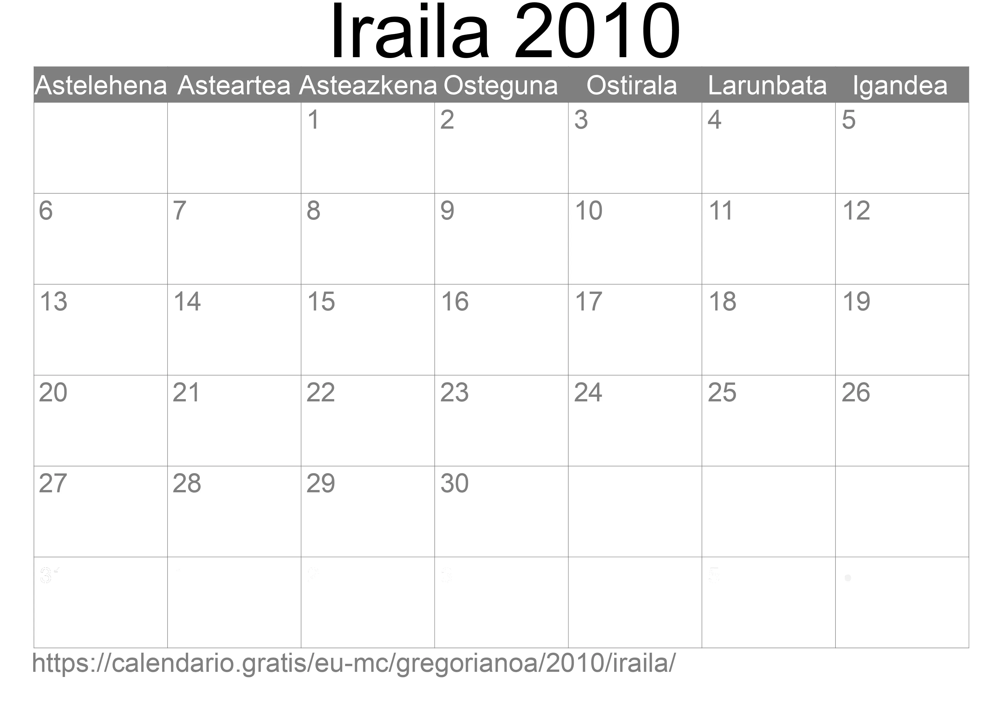2010ko Iraila egutegia inprimatzeko (Monako)