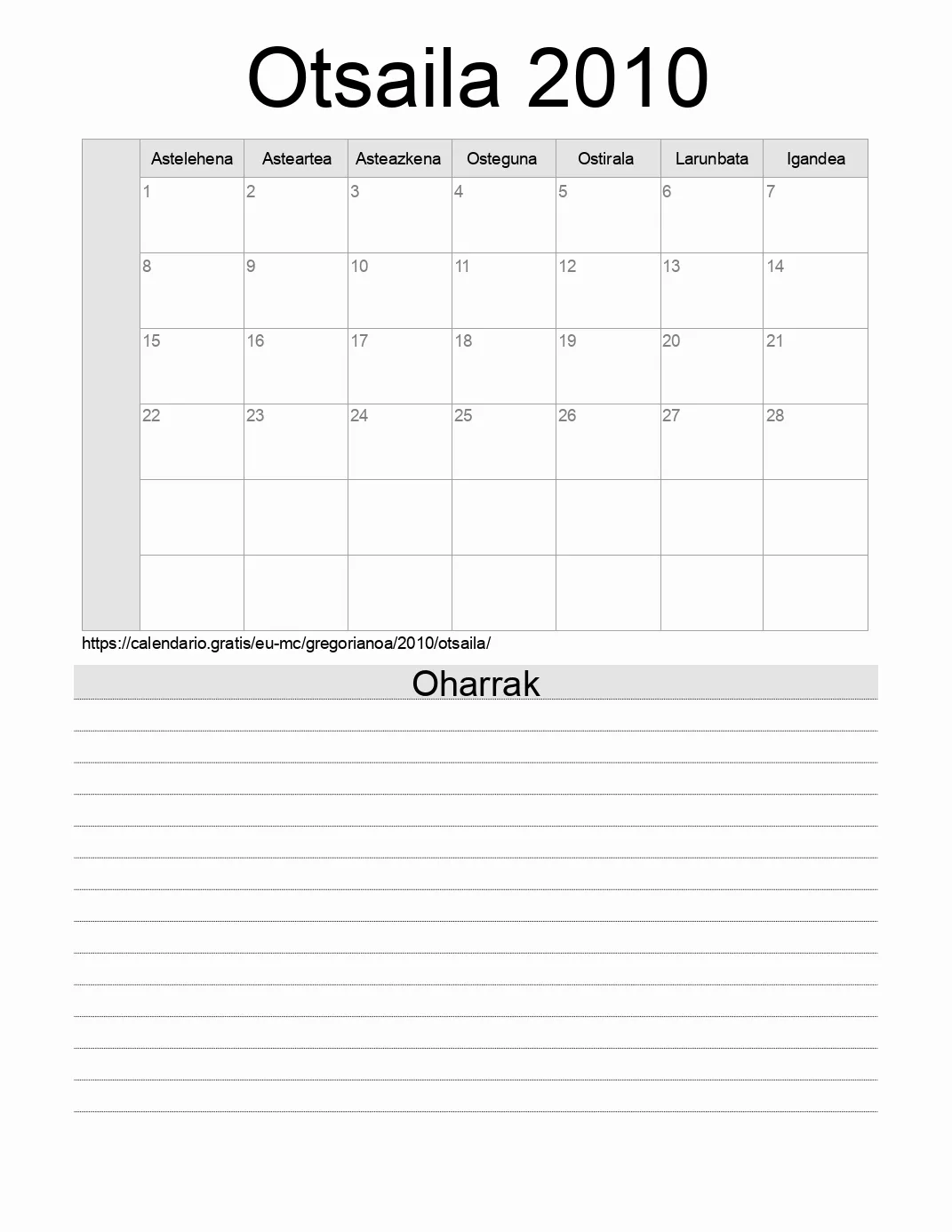 Inprimatzeko Otsaila 2010 egutegia, oharrekin. (Monako)