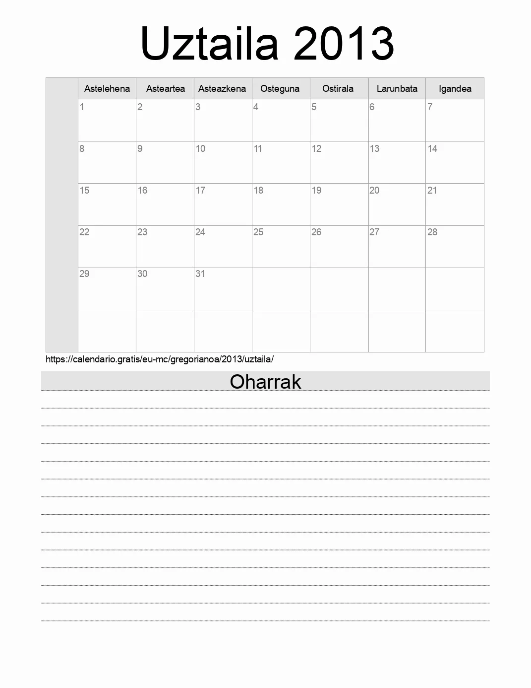 Inprimatzeko Uztaila 2013 egutegia, oharrekin. (Monako)