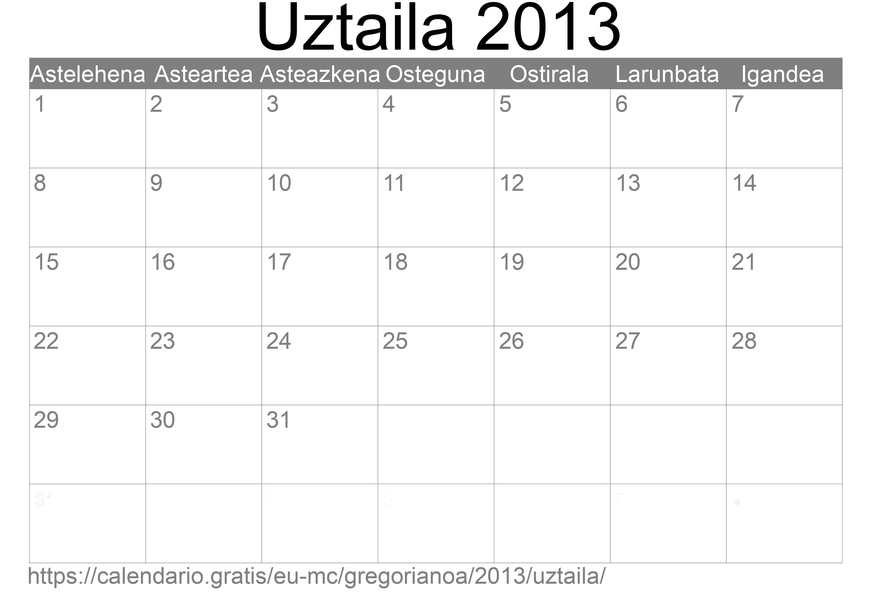 2013ko Uztaila egutegia inprimatzeko (Monako)