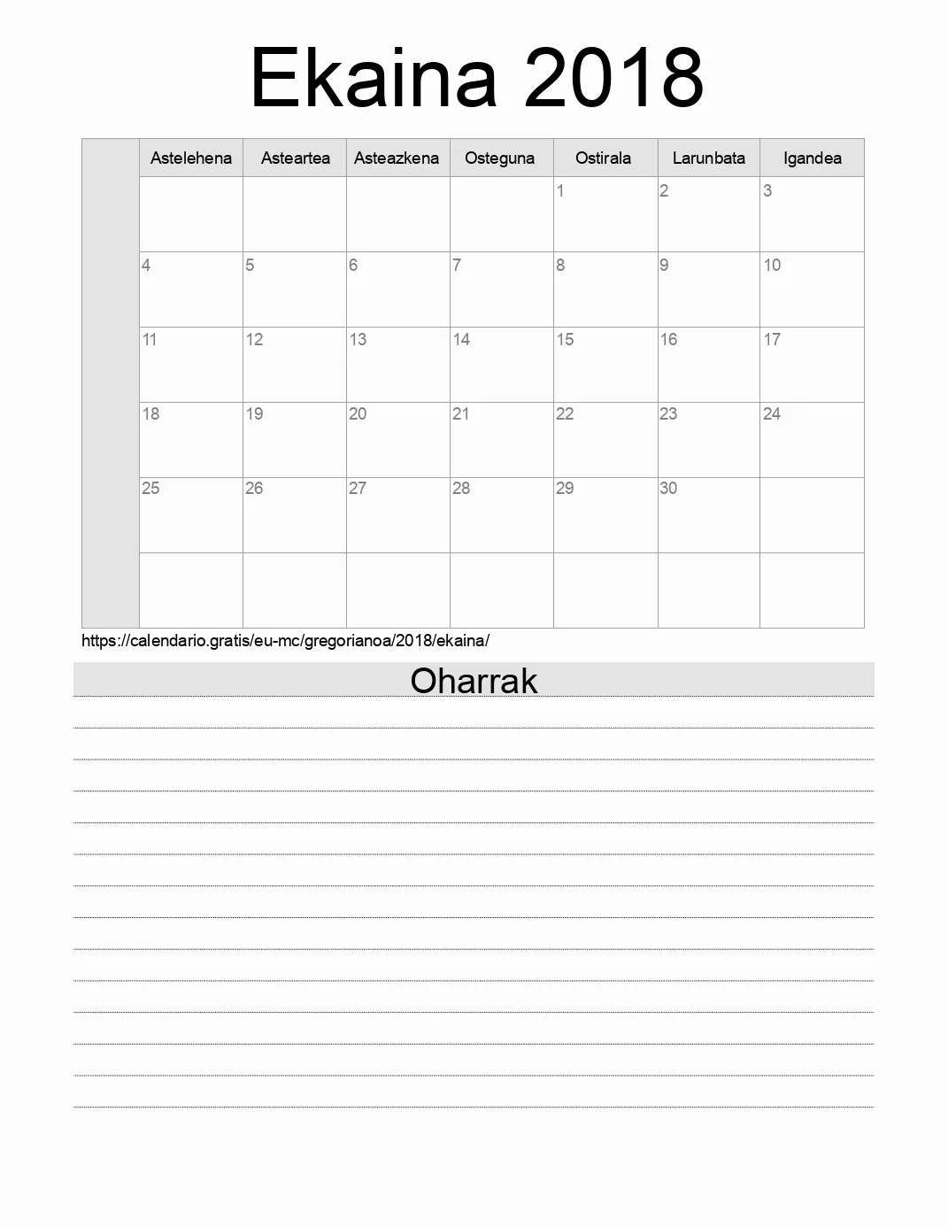 Inprimatzeko Ekaina 2018 egutegia, oharrekin. (Monako)