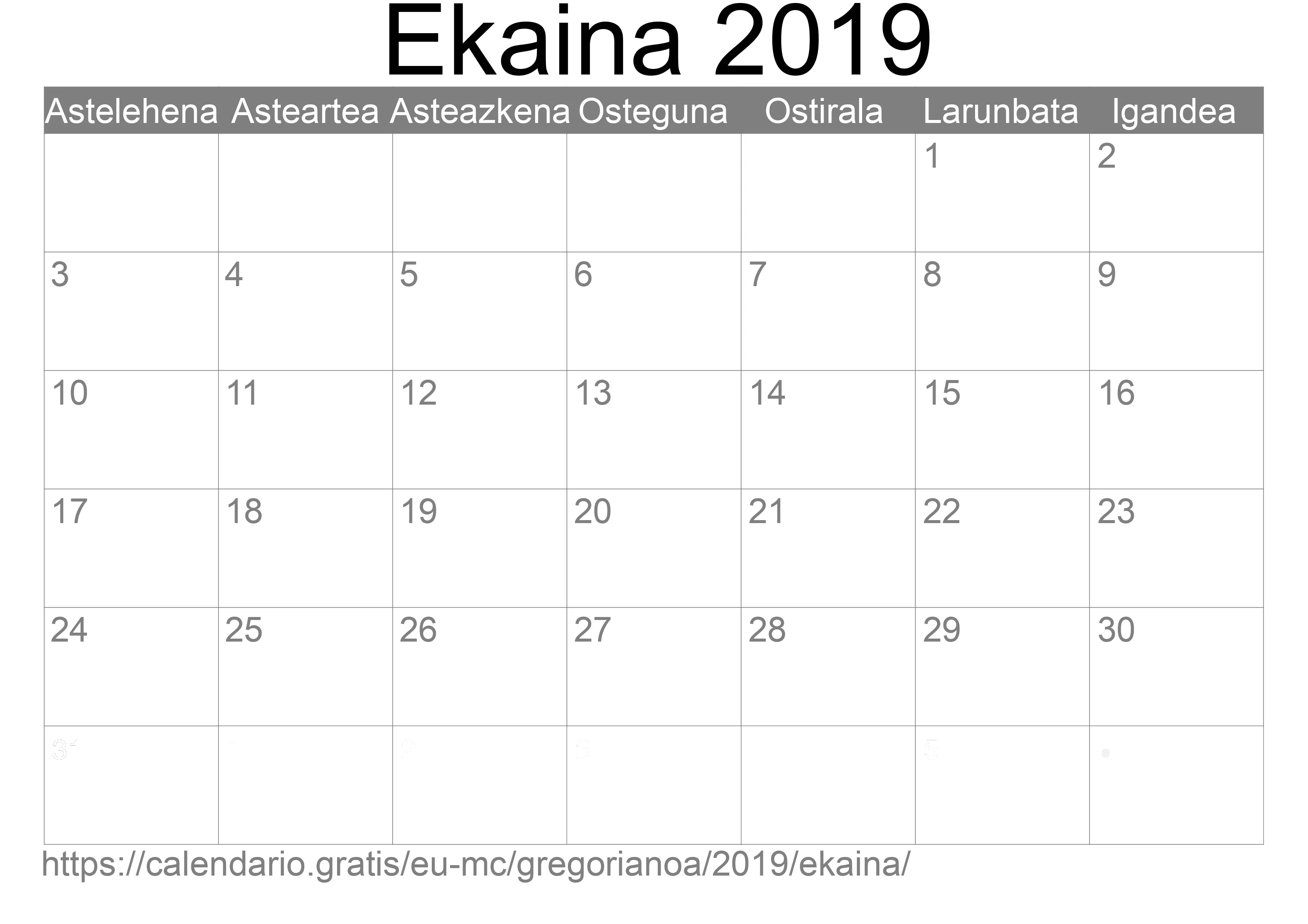 2019ko Ekaina egutegia inprimatzeko (Monako)