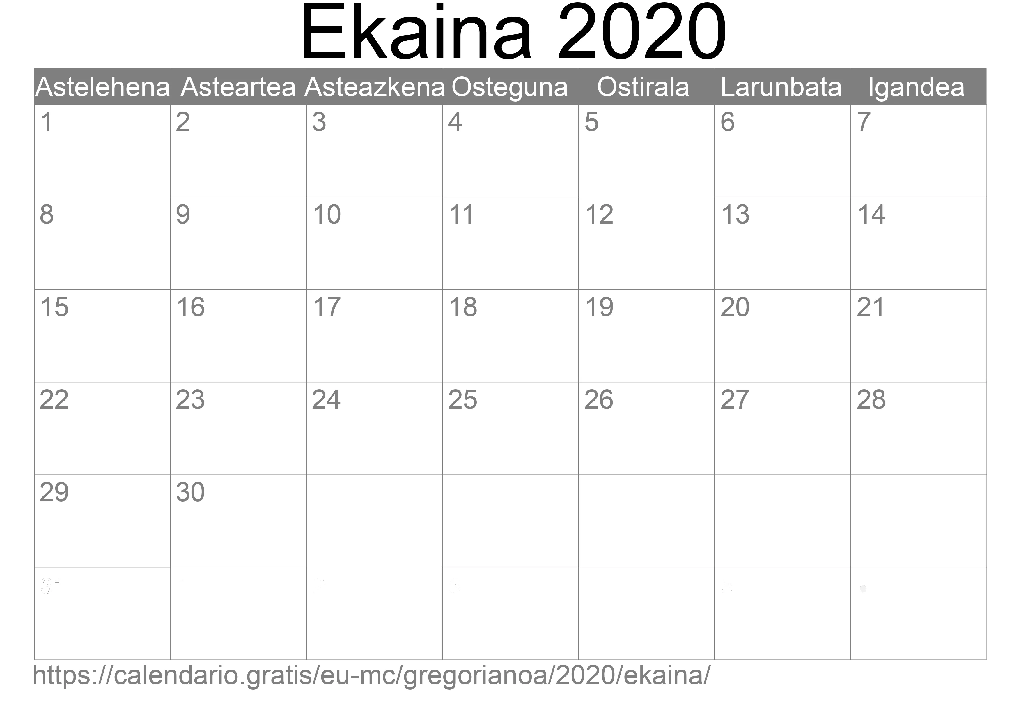 2020ko Ekaina egutegia inprimatzeko (Monako)