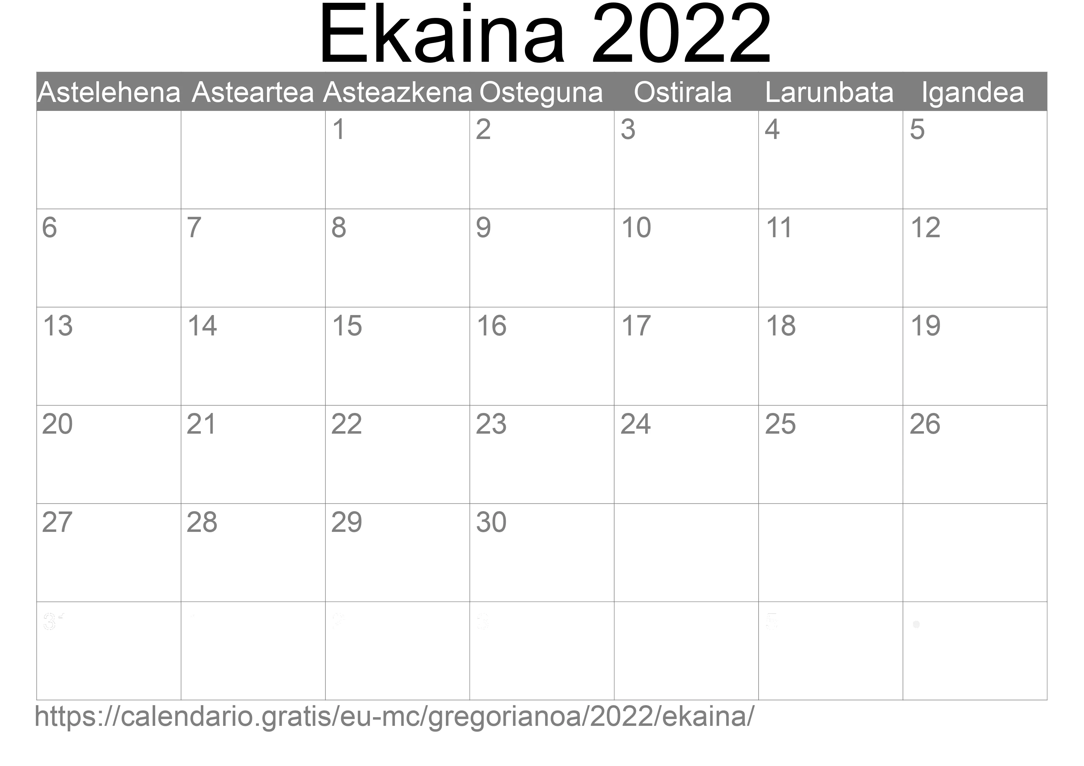 2022ko Ekaina egutegia inprimatzeko (Monako) 2022ko Ekaina egutegia inprimatzeko (Monako)