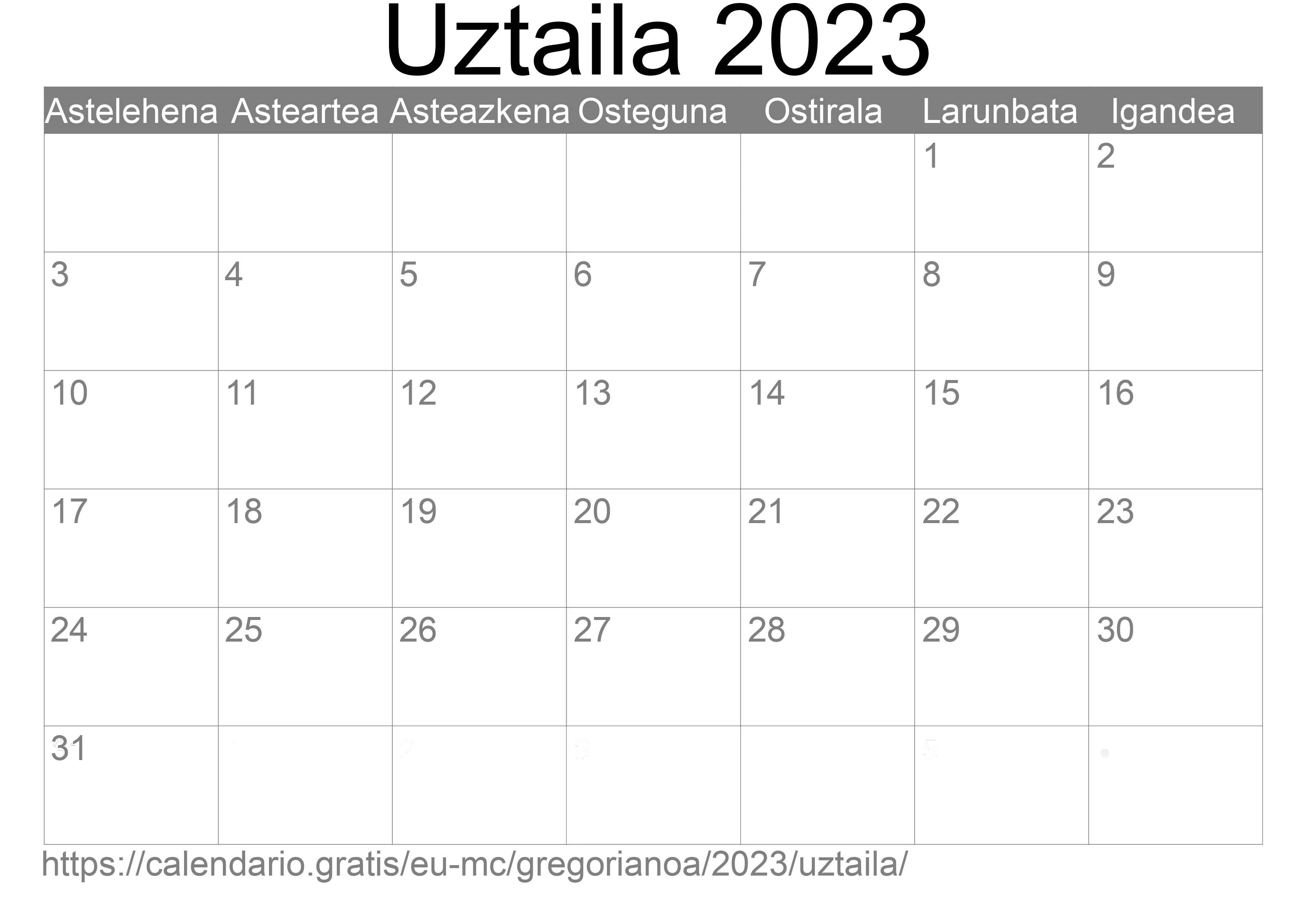 2023ko Uztaila egutegia inprimatzeko (Monako) 2023ko Uztaila egutegia inprimatzeko (Monako)