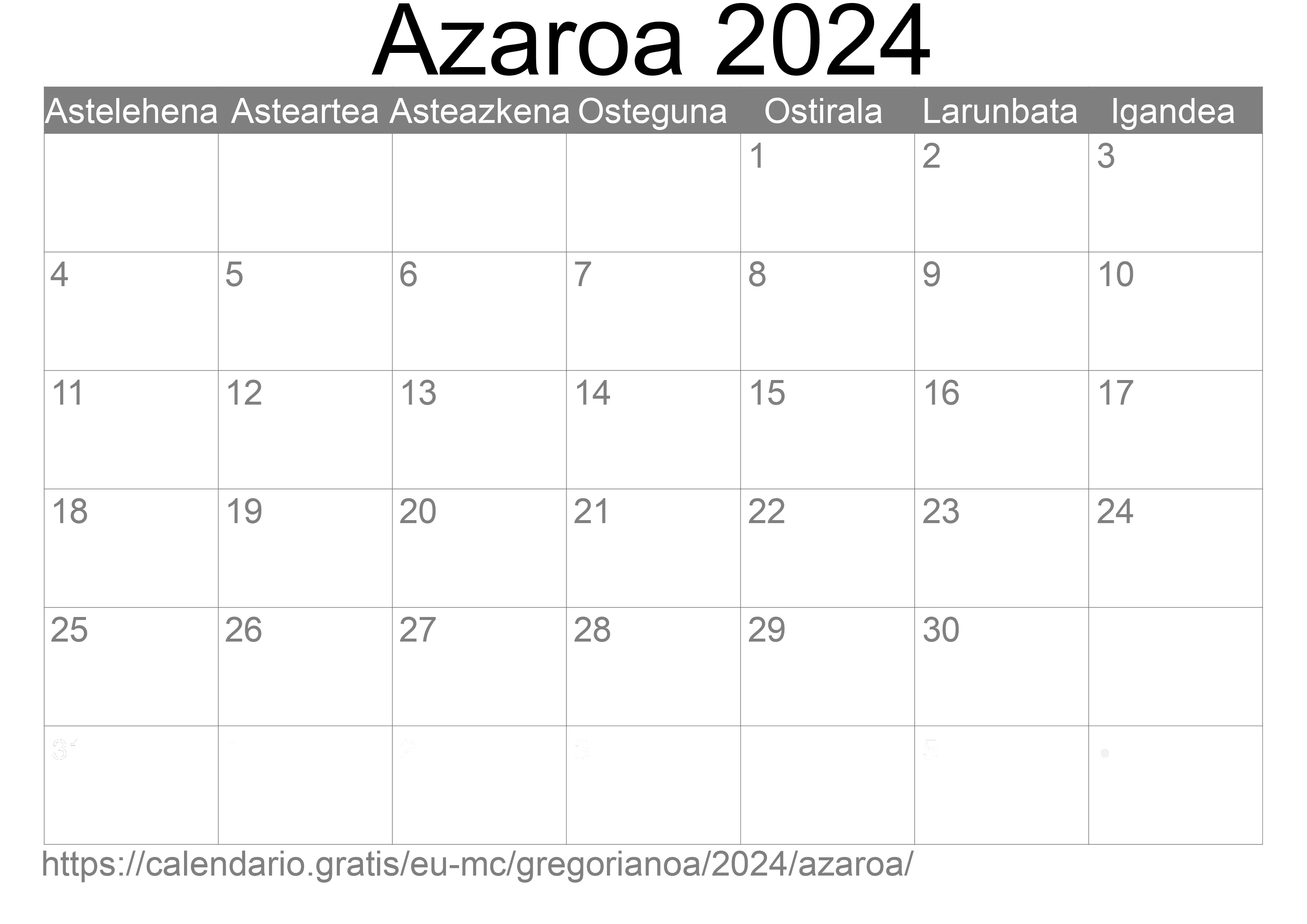 2024ko Azaroa egutegia inprimatzeko (Monako) 2024ko Azaroa egutegia inprimatzeko (Monako)