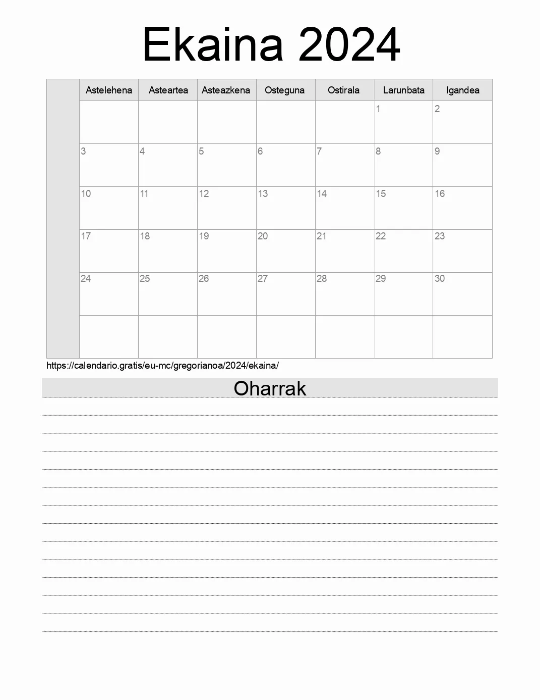 Inprimatzeko Ekaina 2024 egutegia, oharrekin. (Monako) Inprimatzeko Ekaina 2024 egutegia, oharrekin. (Monako)