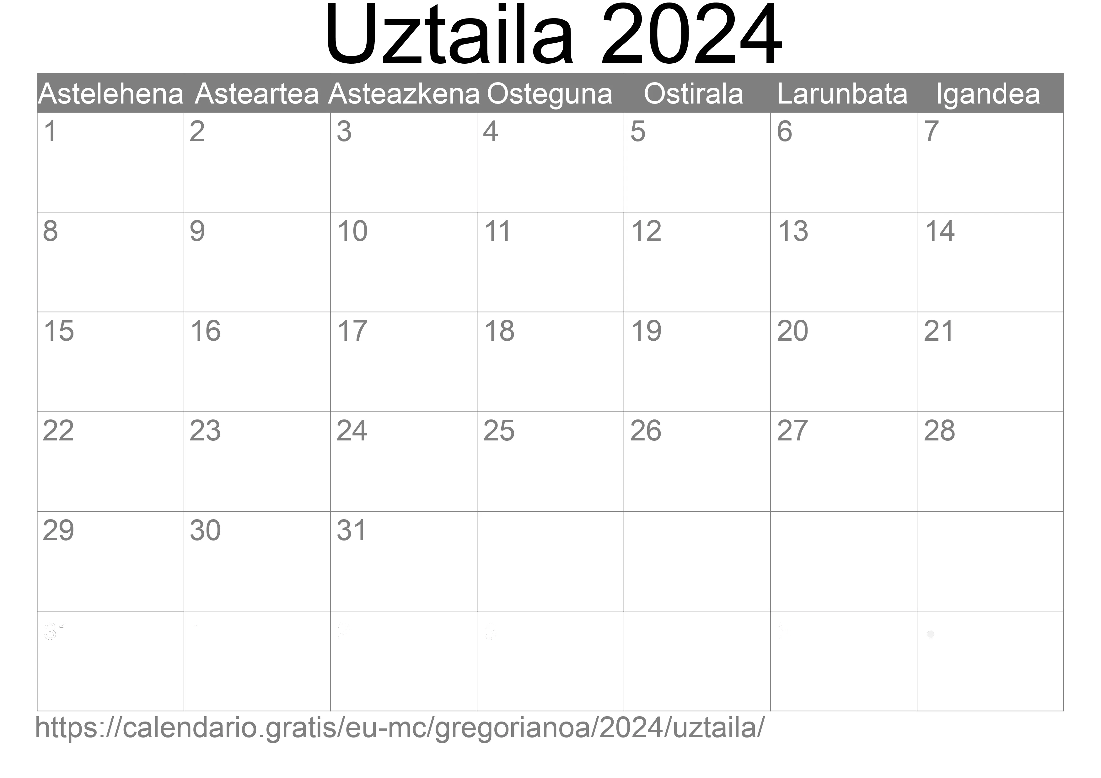 2024ko Uztaila egutegia inprimatzeko (Monako) 2024ko Uztaila egutegia inprimatzeko (Monako)