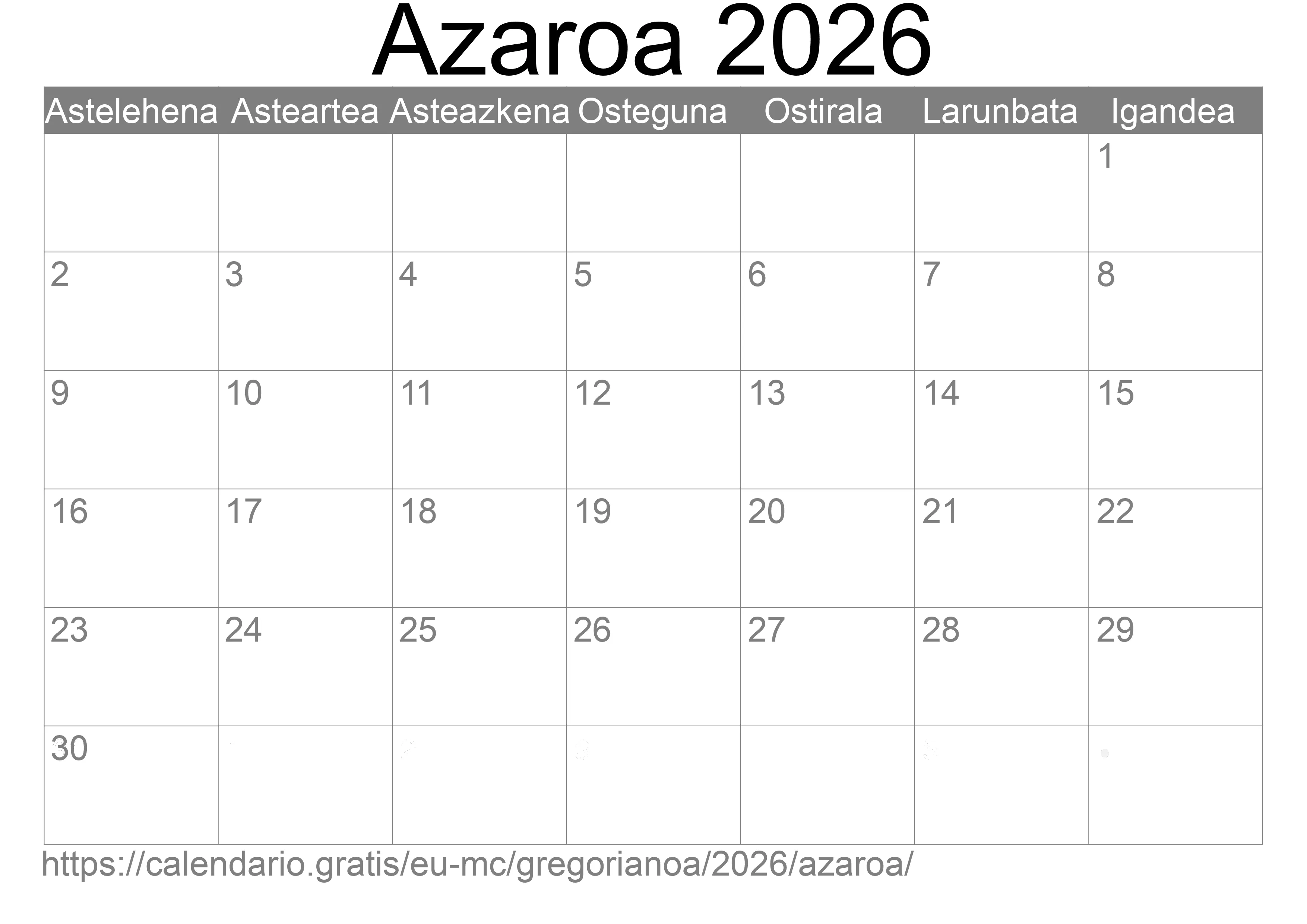 2026ko Azaroa egutegia inprimatzeko (Monako) 2026ko Azaroa egutegia inprimatzeko (Monako)
