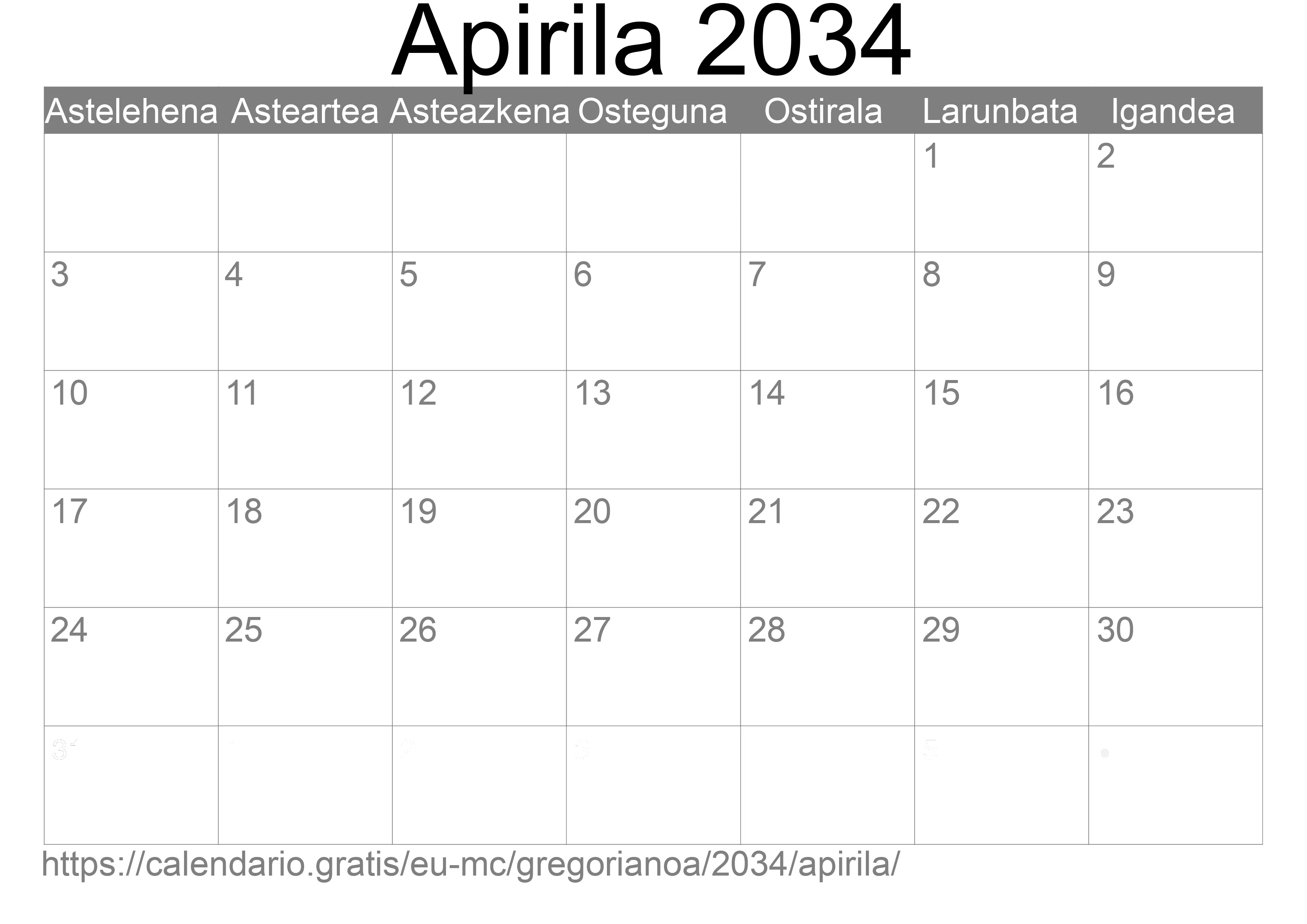 2034ko Apirila egutegia inprimatzeko (Monako) 2034ko Apirila egutegia inprimatzeko (Monako)