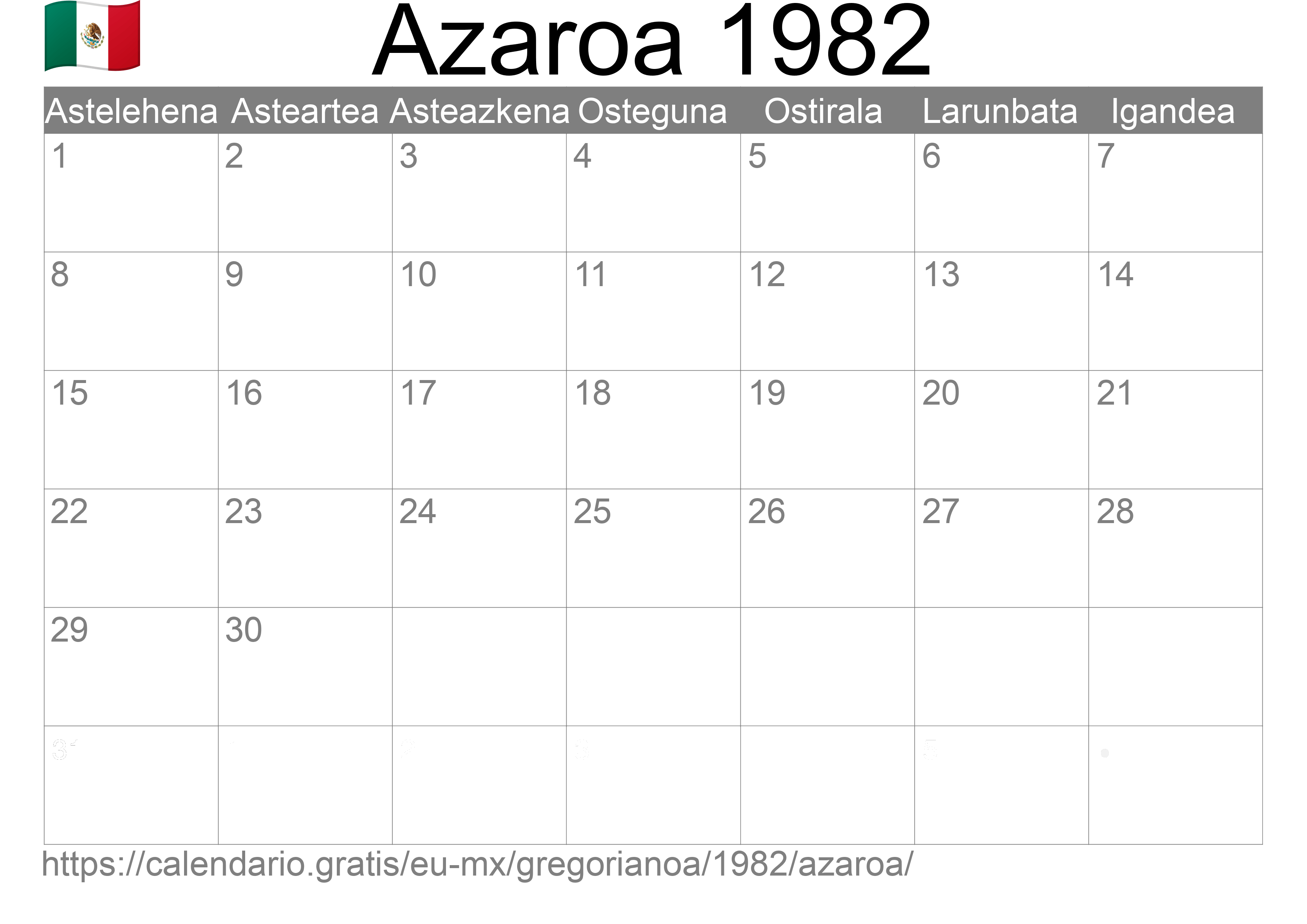 1982ko Azaroa egutegia inprimatzeko