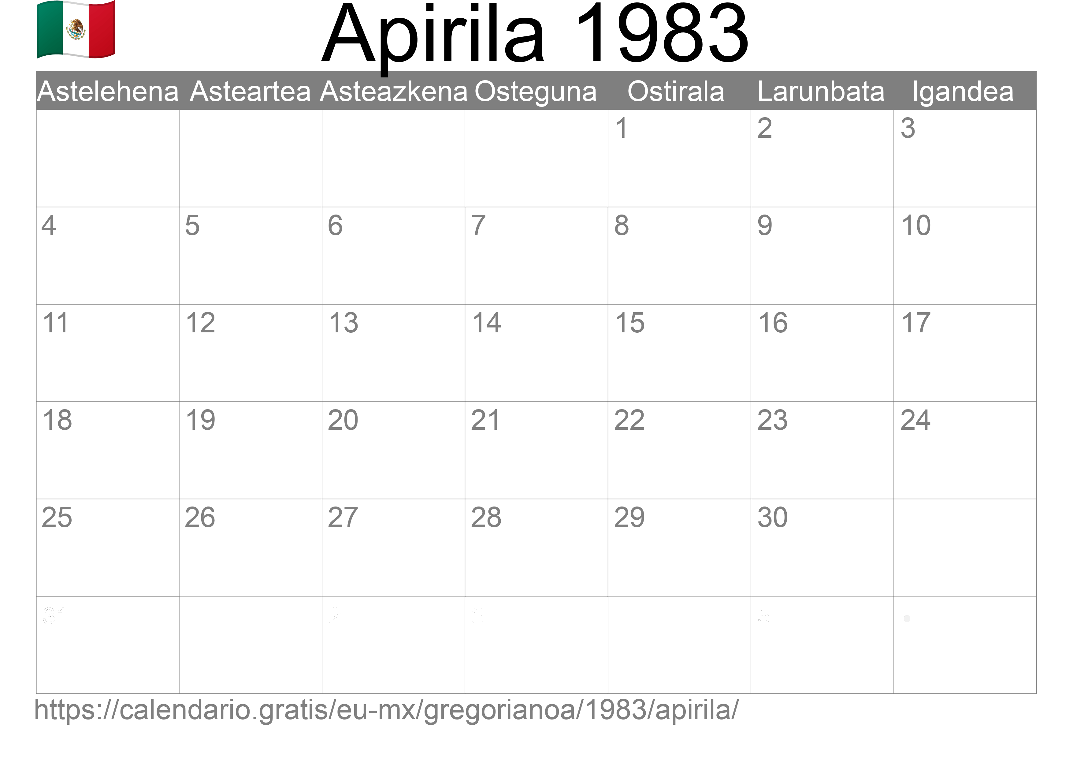 1983ko Apirila egutegia inprimatzeko